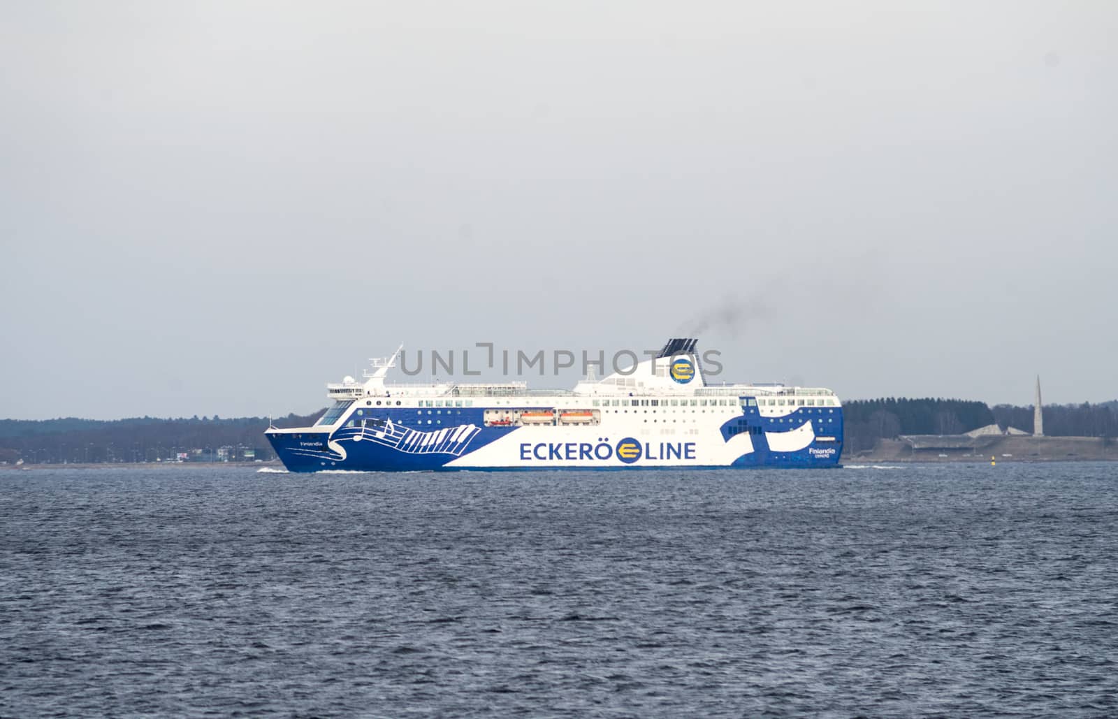 20 April 2019, Tallinn, Estonia. High-speed passenger and car ferry of the Finnish shipping concern Eckerö Line Finlandia in the port of Tallinn.