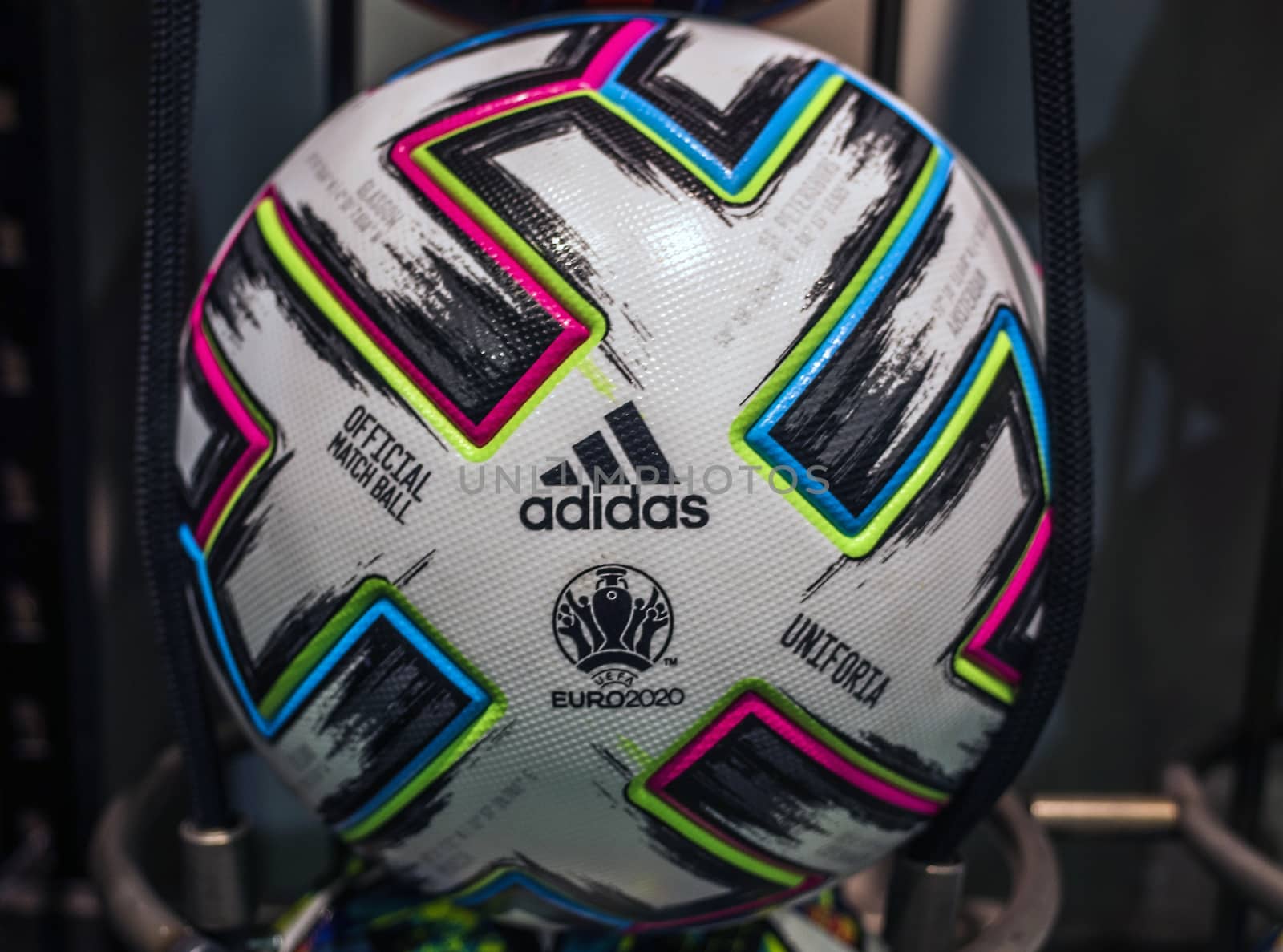10 November 2019 London, United Kingdom. The official ball of the European football Championship 2020 Adidas Uniforia Competition in the sports shop window.