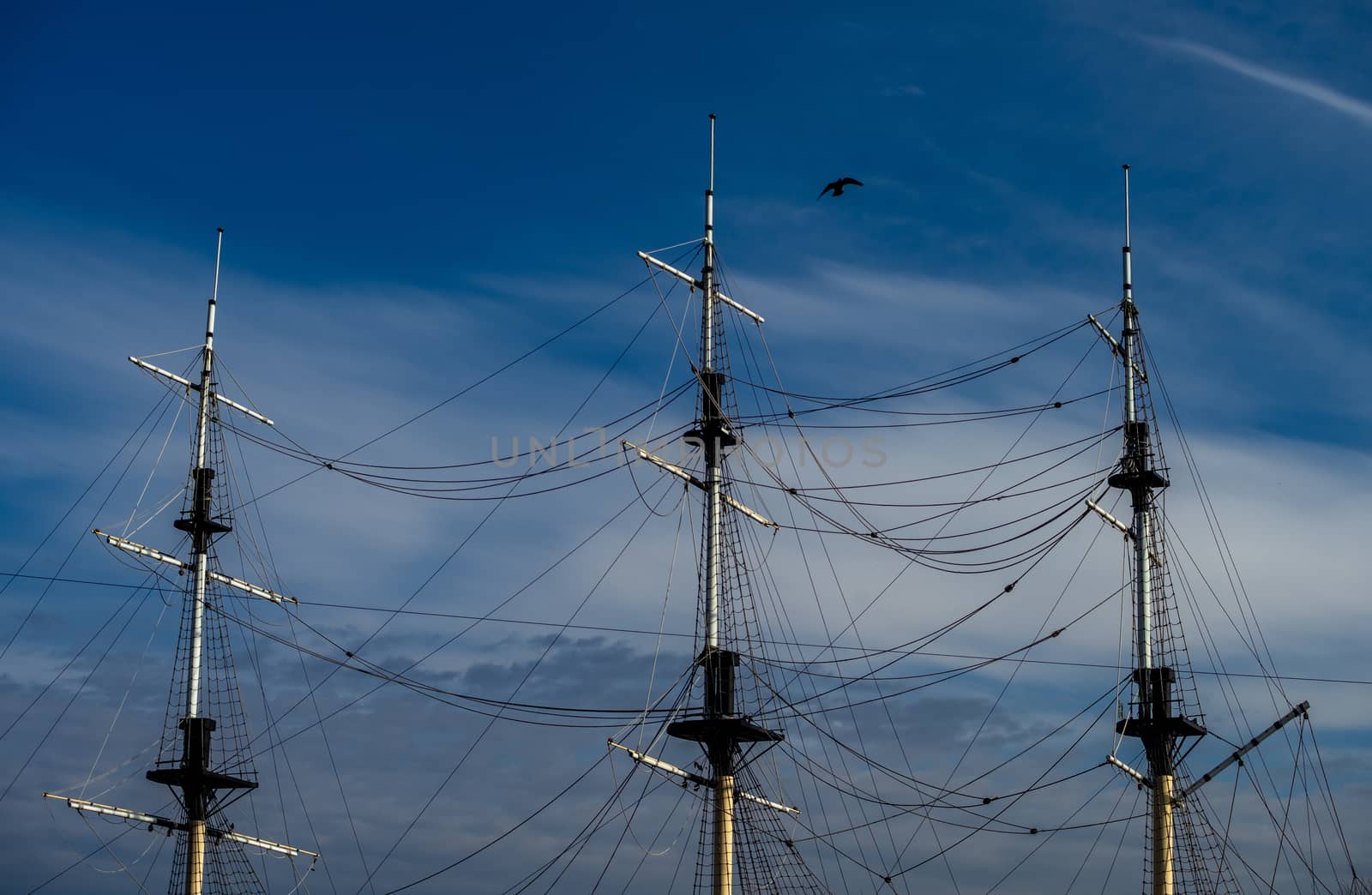Masts of a ship without sails against the blue sky