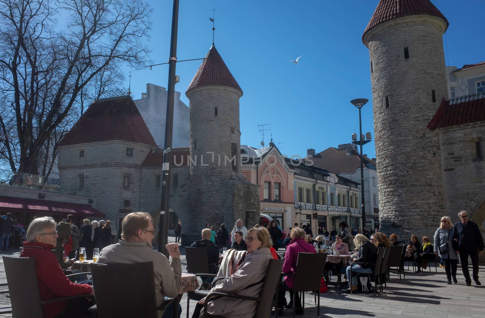 April 21, 2018 Tallinn, Estonia, Street cafes in the Central square of the Old city.