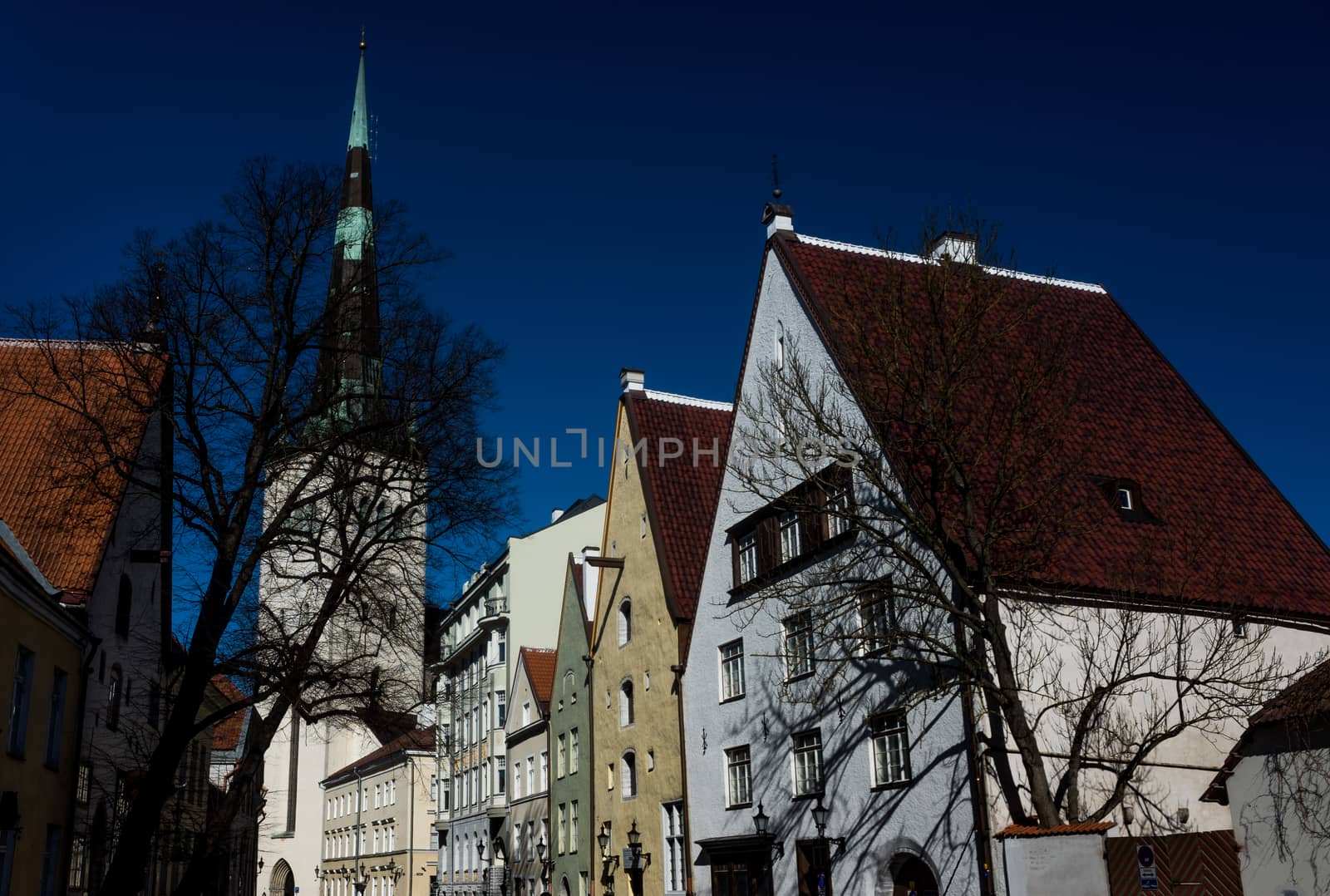 April 21, 2018, Tallinn, Estonia. St. Olaf's Church and Street of the old town in Tallinn.