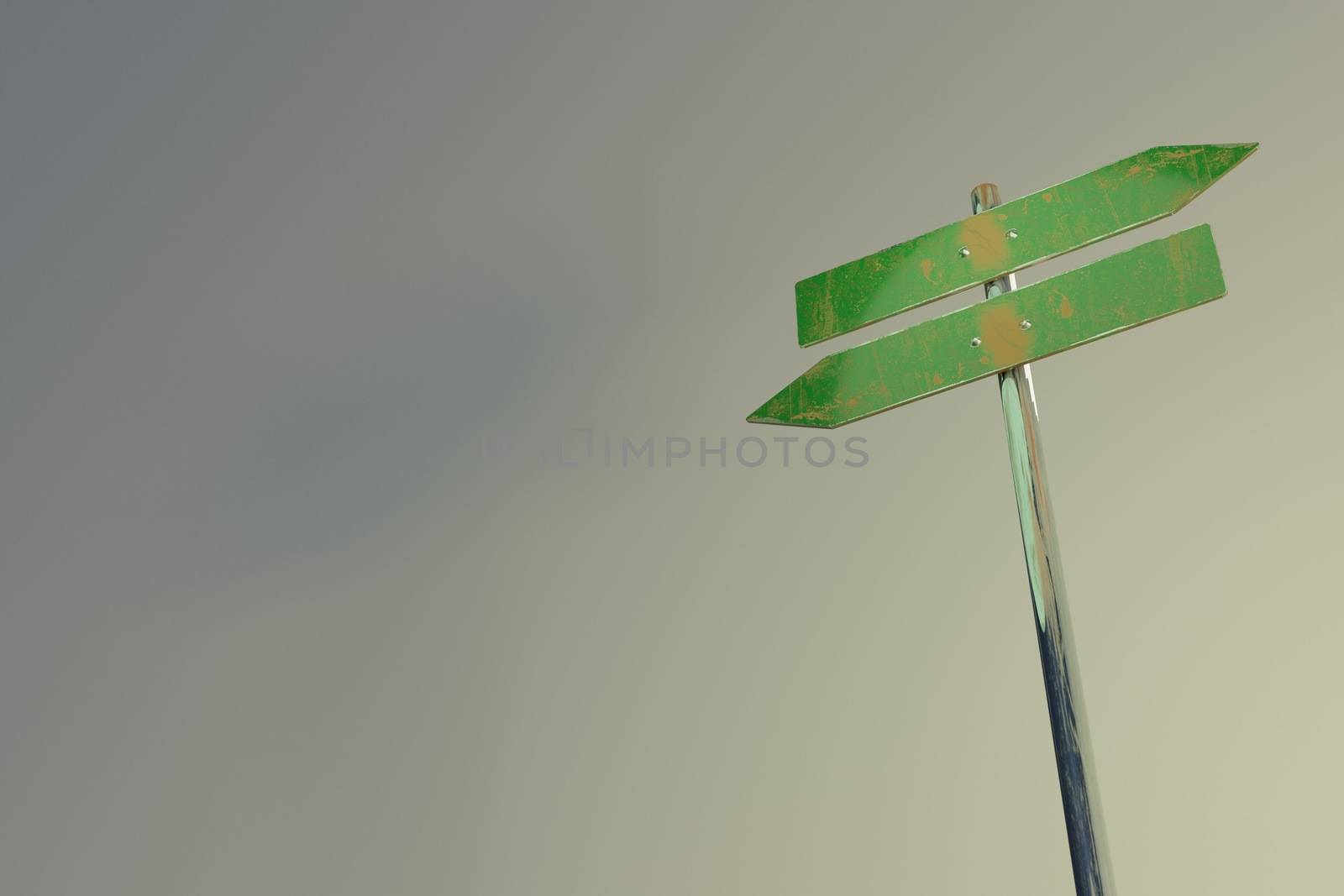 3d rendering , Blank directional road signs , green metal arrows on the signpost. Warm toned colors. Old style image , space for text by Hepjam