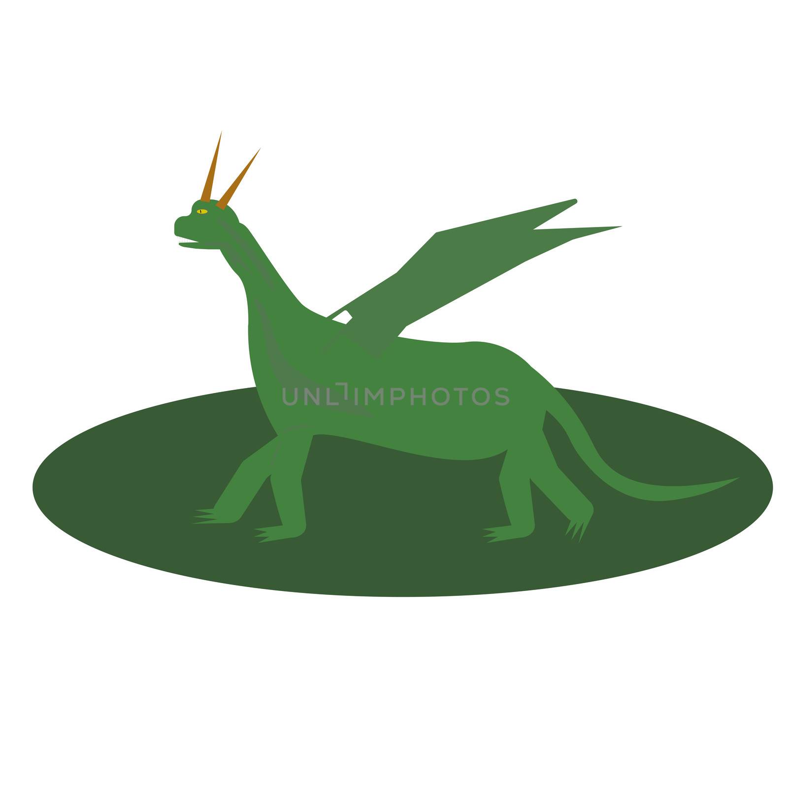 Fairytale green Dragon Flat Isolated Childish Style Simple Drawing In Bright Colors On White Background.