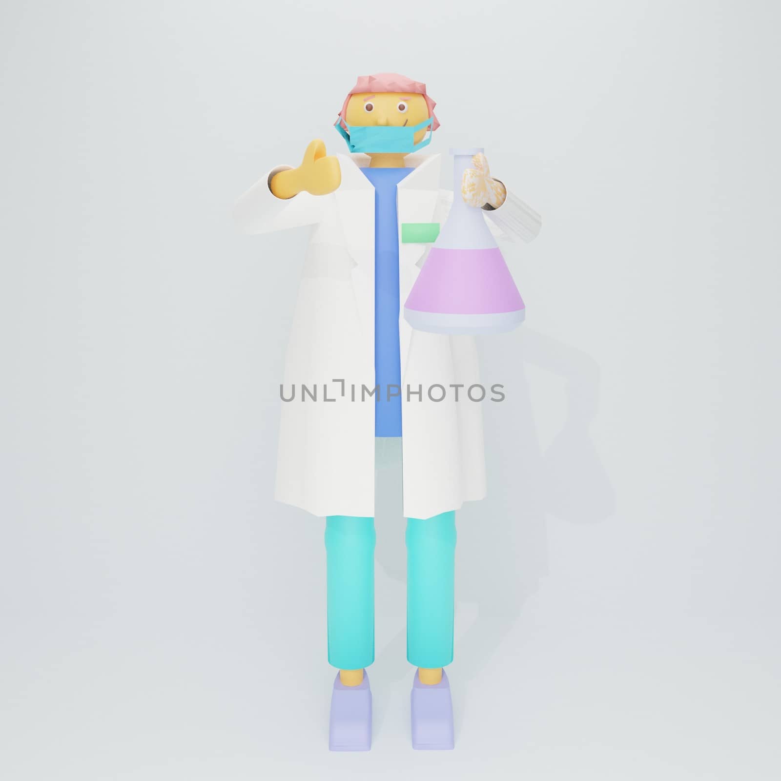 Medical scientist with a medical mask holding a glass test tube with liquid medicine or vaccine for the virus. 3D render illustration, volumetric image.