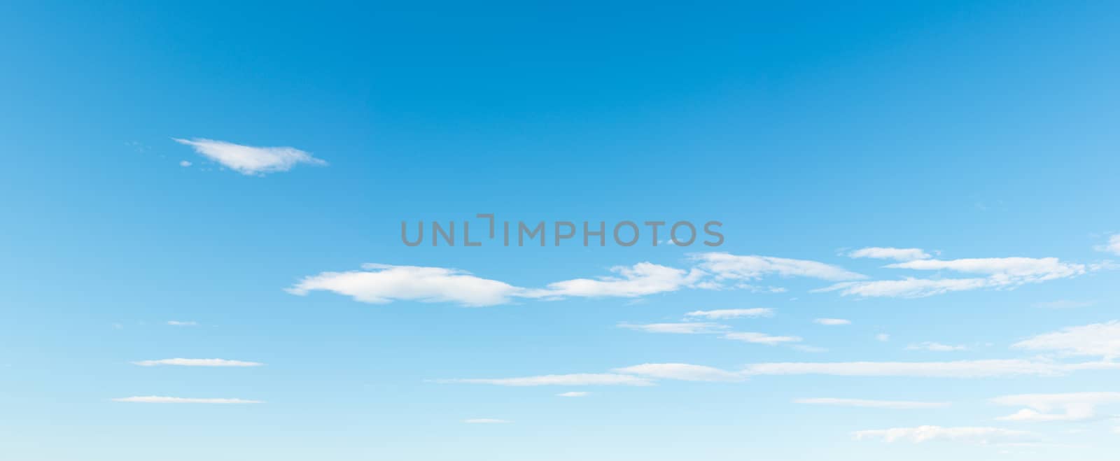 Panoramic blue sky background with small white clouds, summer or spring season. Beautiful weather concept.