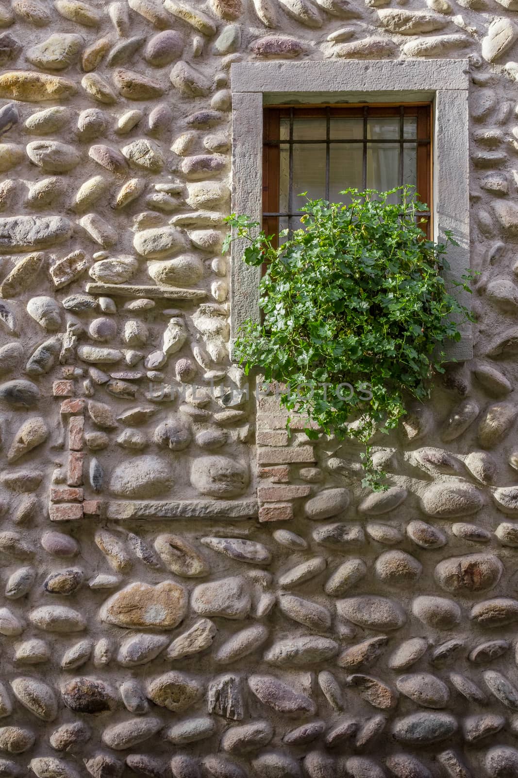 A planter at the window, surrounded by a stone wall.
