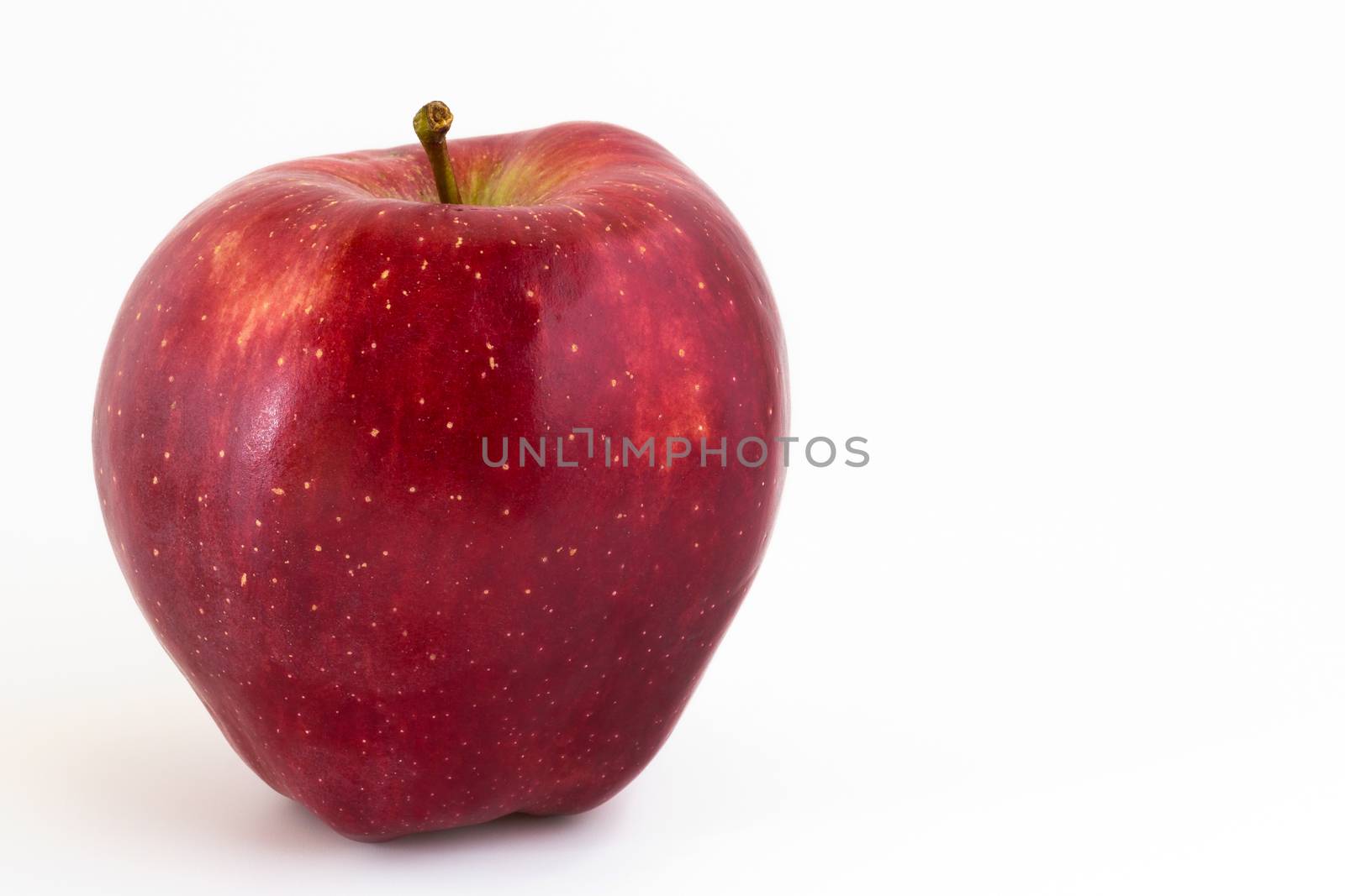 Close-up of a red apple on white background and copy space.