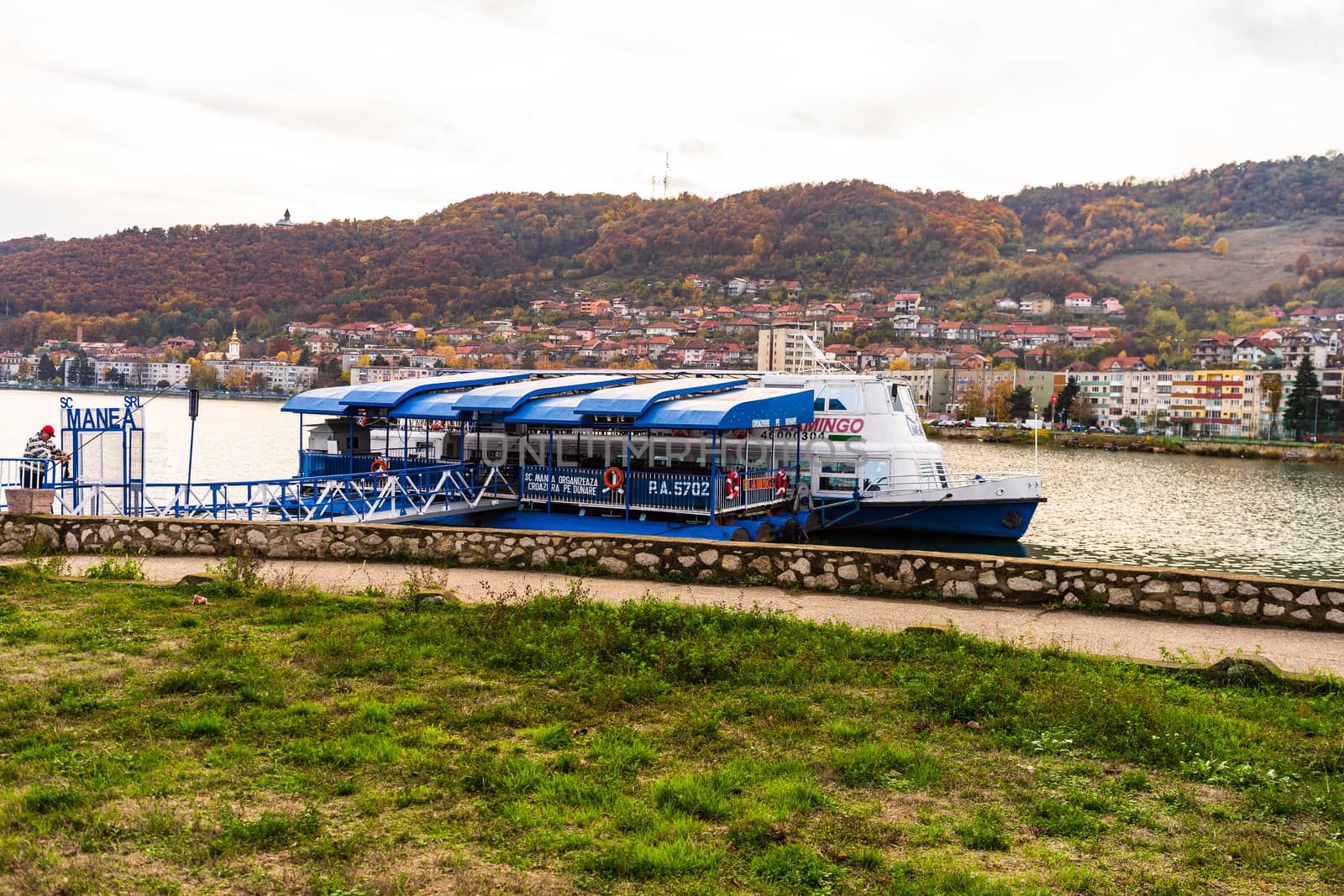 Old cruise ship, Danube river view from Orsova, Romania, 2020.