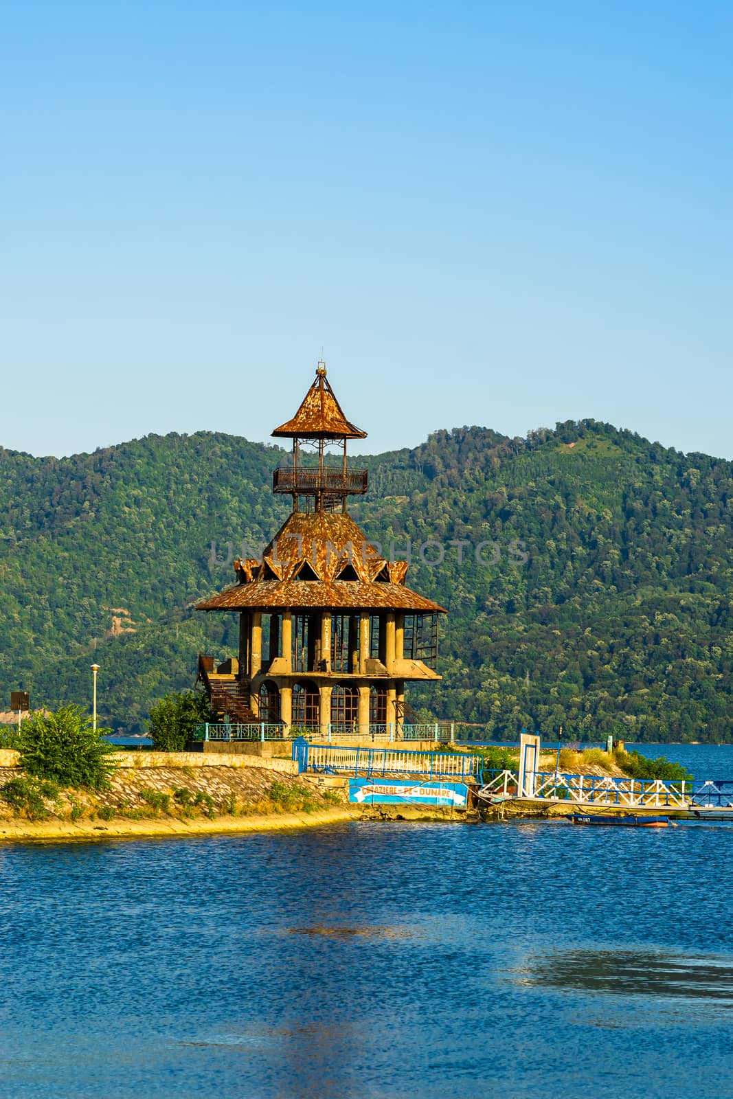 Rusty construction, view of Danube river and Orsova city, waterfront view. Orsova, Romania, 2020