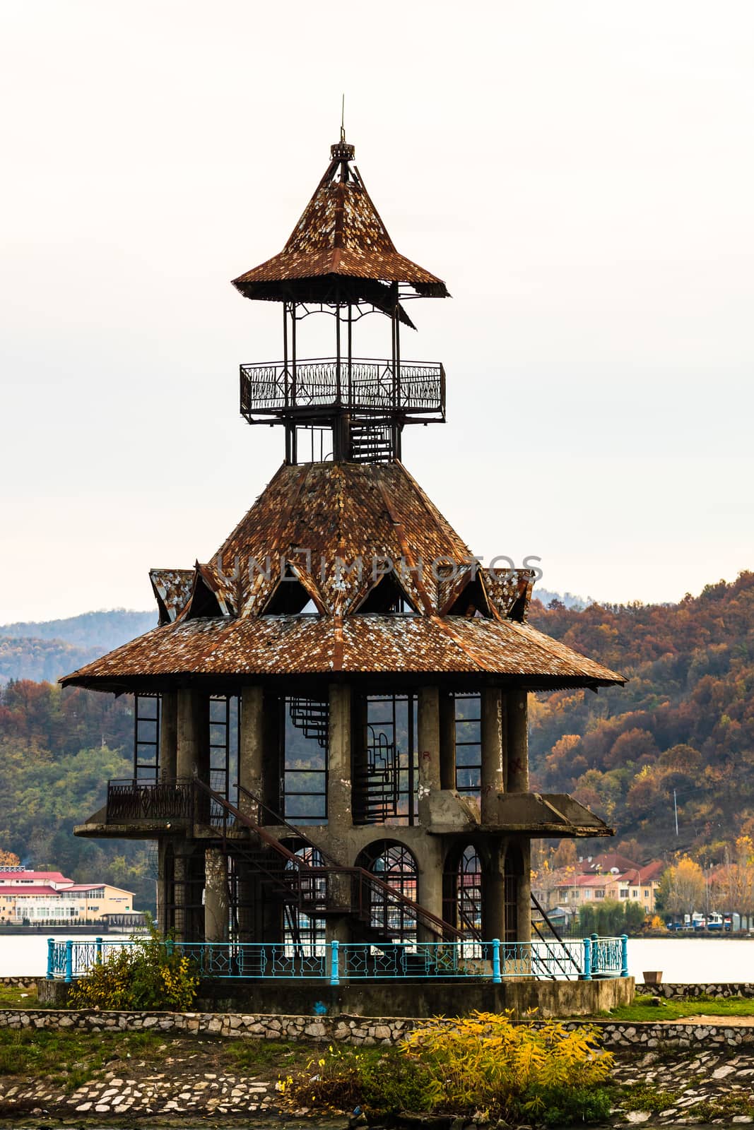 Rusty construction, view of Danube river and Orsova city, waterfront view. Orsova, Romania, 2020