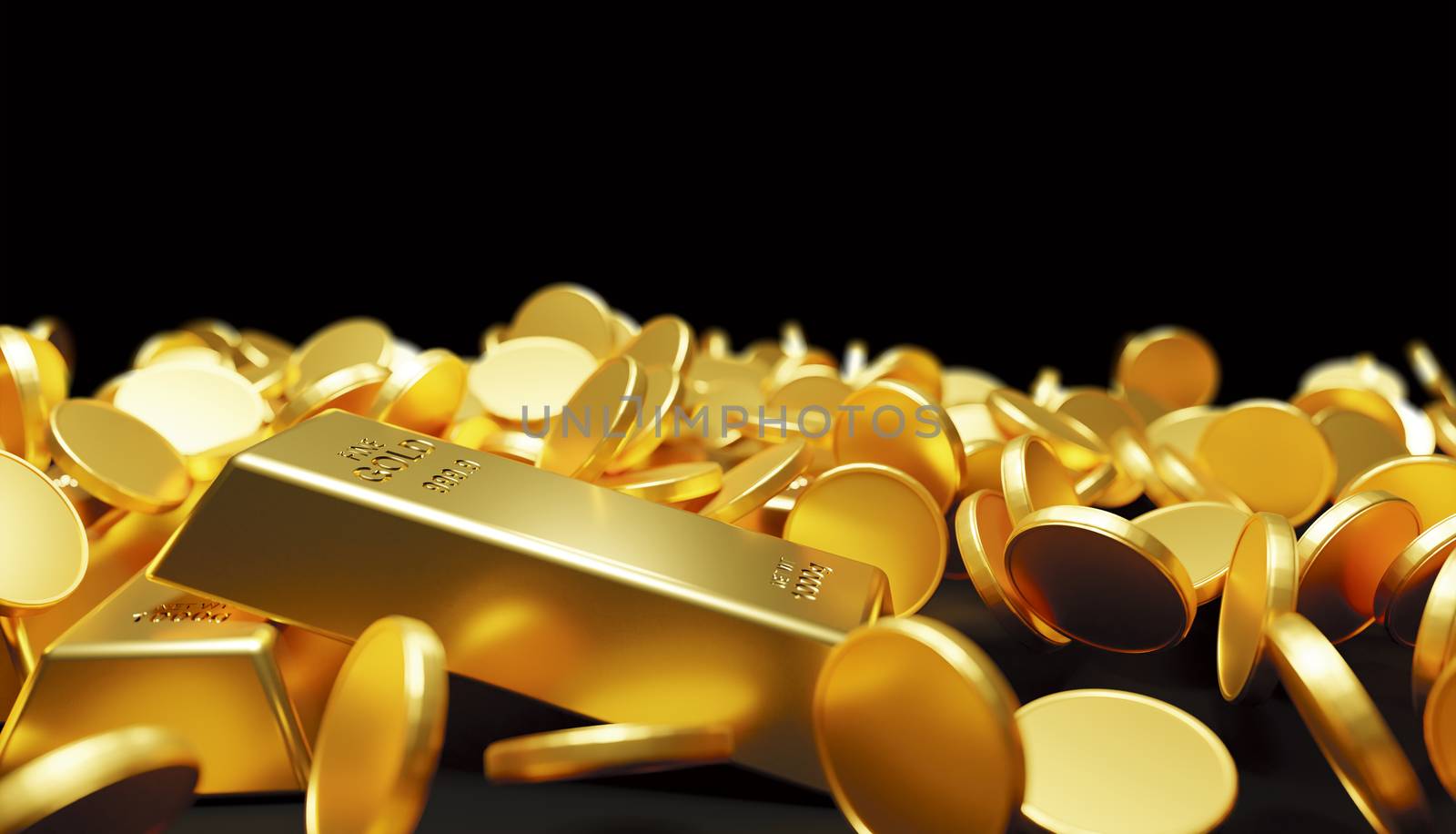 Gold bars and coins falling on black background 3D Render by Myimagine