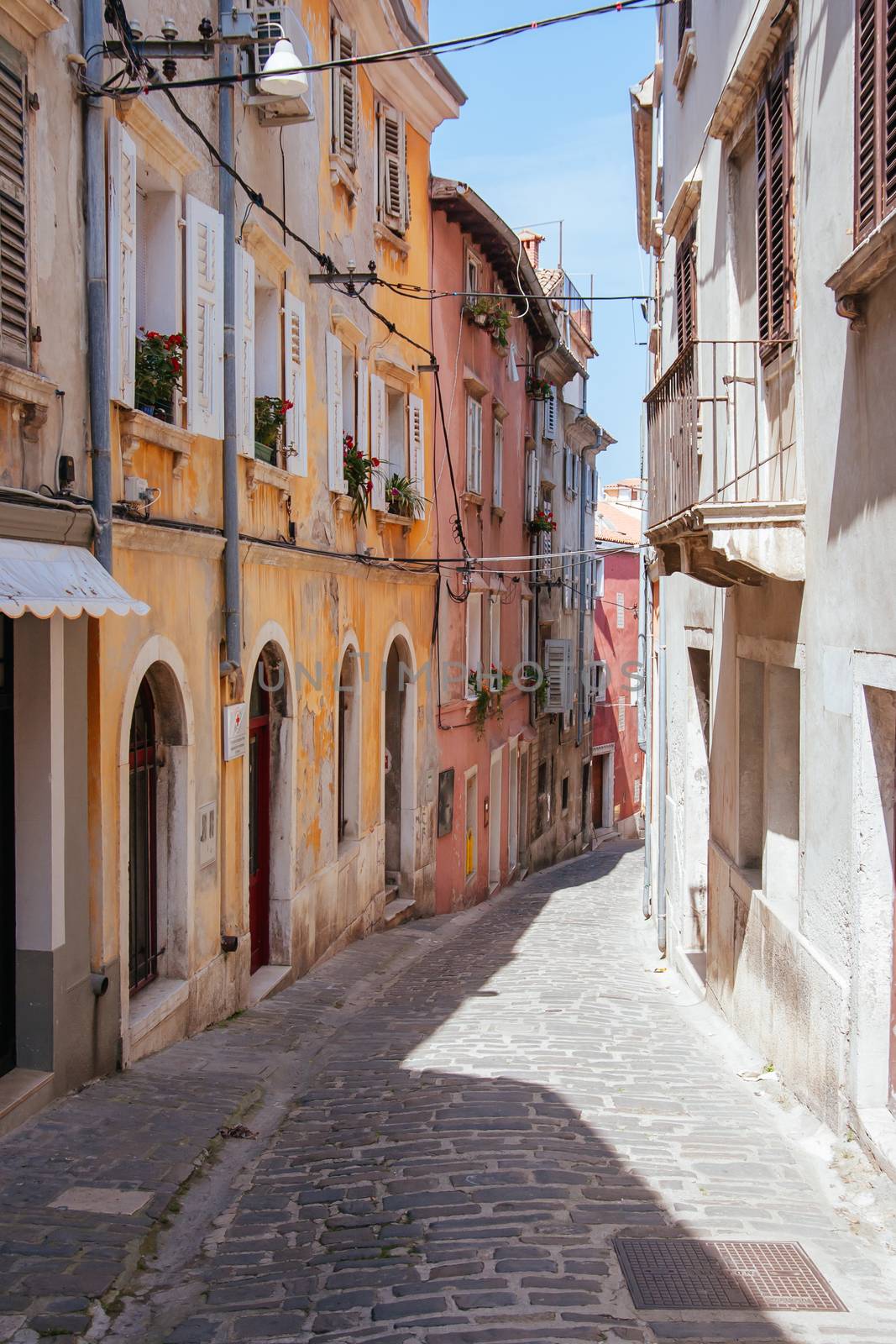 Quaint streets on a hot summer's day in the iconic town of Piran in Slovenia