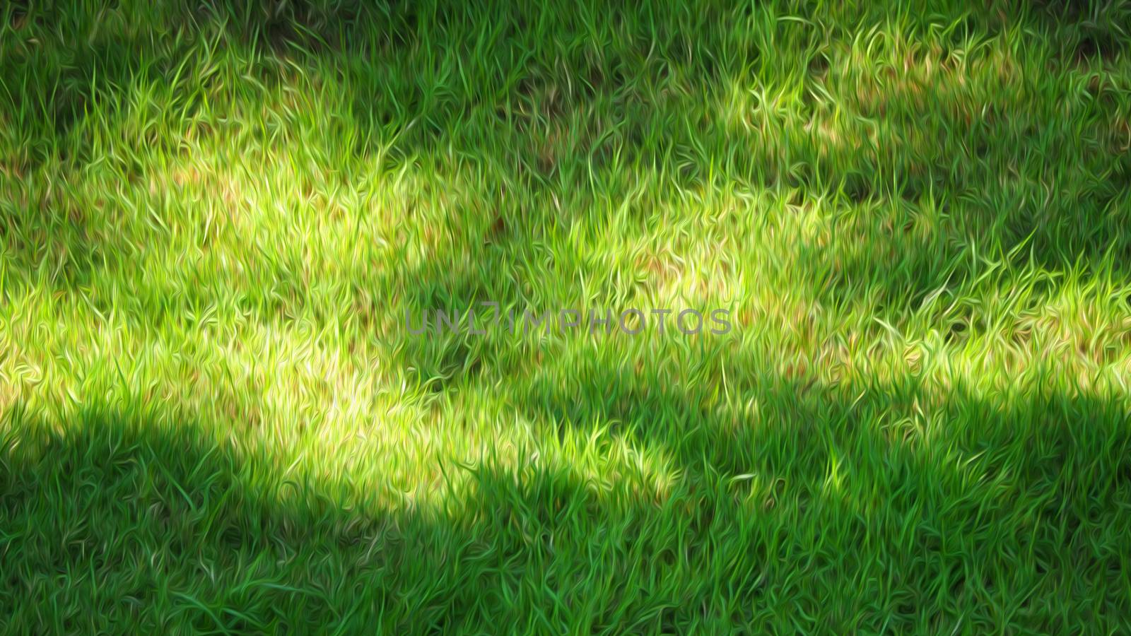 Blurry images of real natural green grass field top view angle with oil paint effect for abstract background or texture of nature which refresh mood of people.