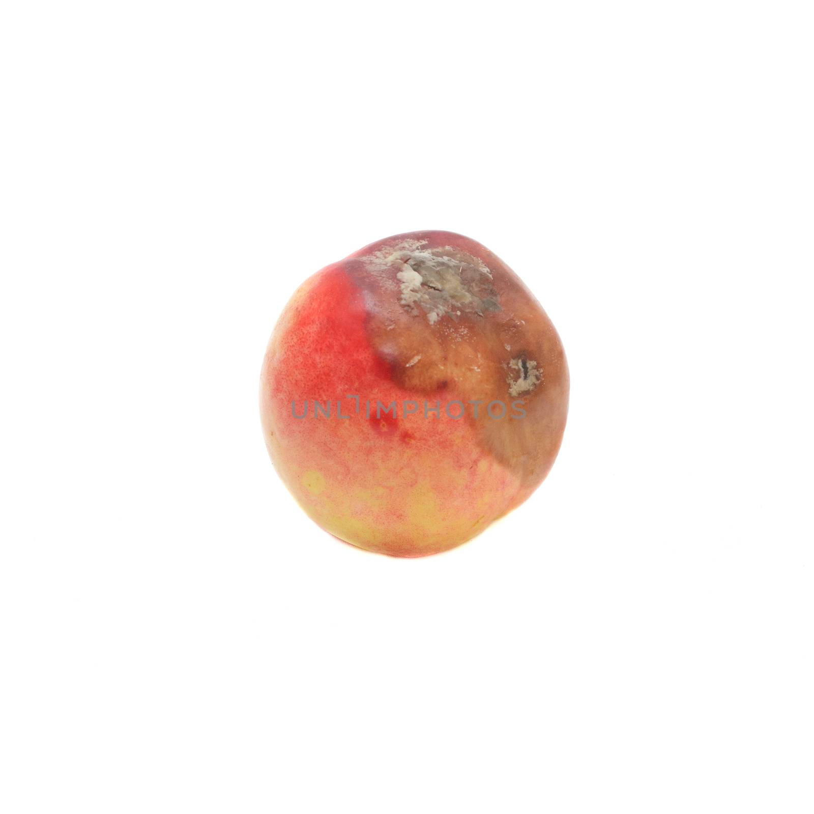 Moldy peach isolated on white background.Ugly spoiled fruit. 