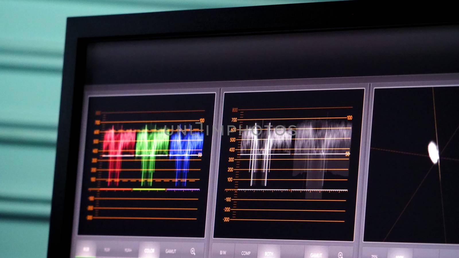 Blurry images of telecine controller machine monitor that indicated or showed graph of color tone in the movie or video film in post production process for colorist easy to edit or adjust by themself.