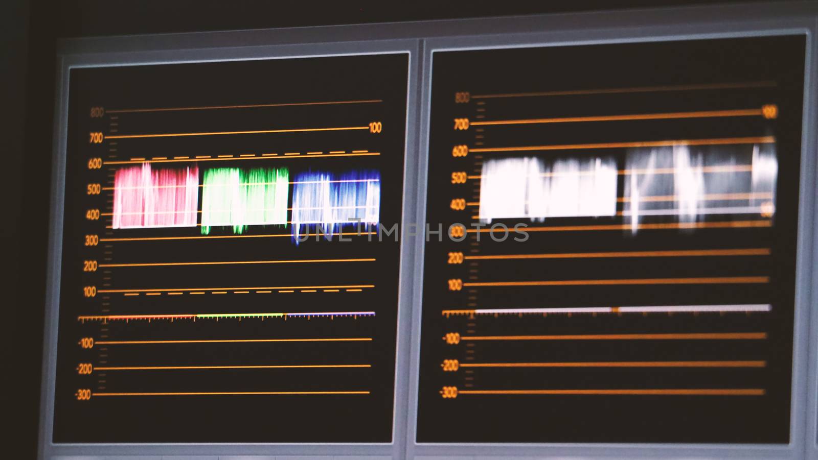 Blurry images of telecine controller machine monitor that indicated or showed graph of color tone in the movie or video film in post production process for colorist easy to edit or adjust by themself.