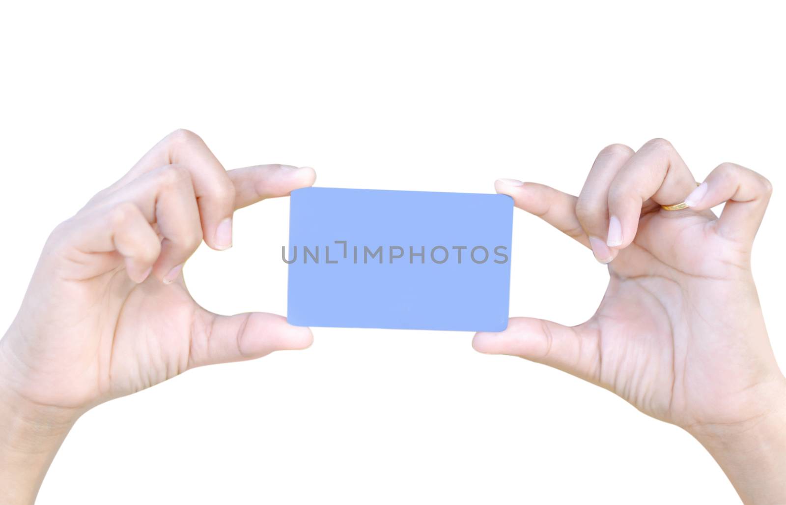 Closeup woman showing empty white credit card on white background