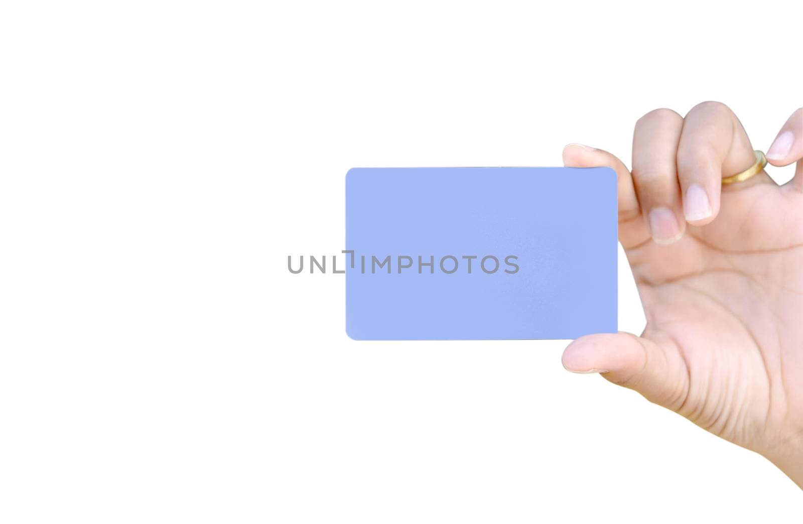 Closeup woman hand holding empty white credit card on white background