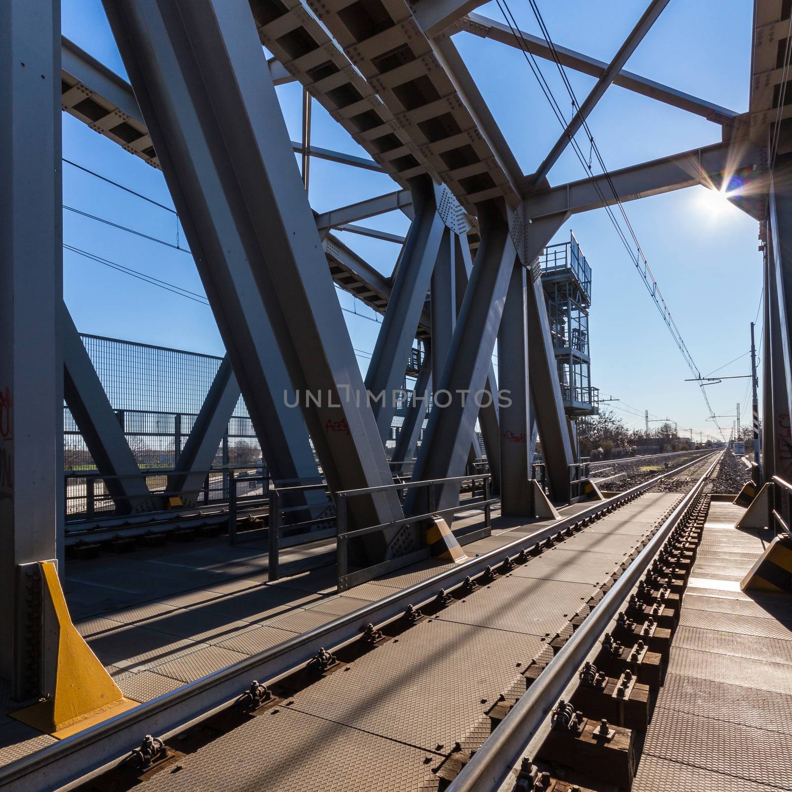 Railway metal bridge perspective view