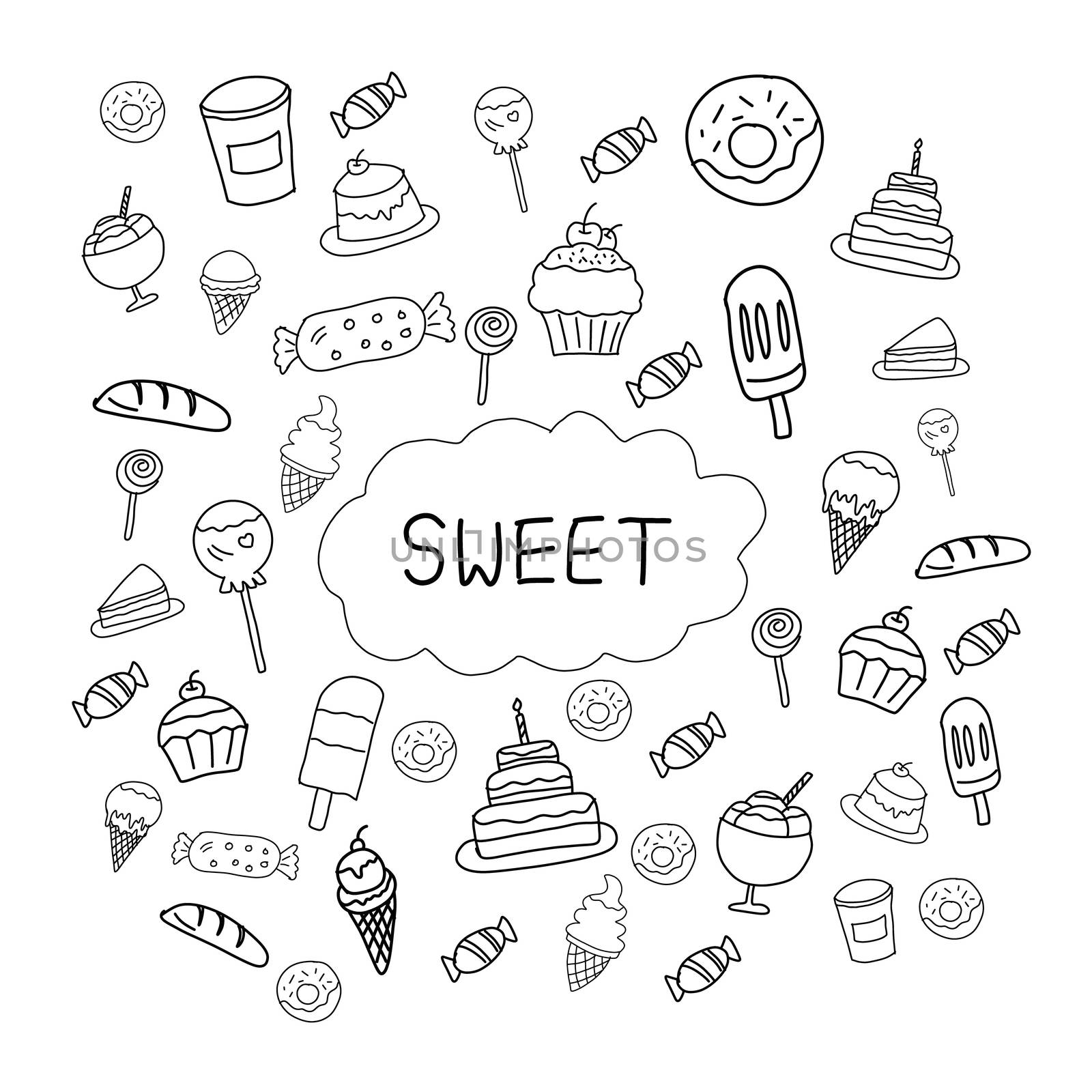 Hand drawing sweets candies and bakery doodle isolated on white background. cake, candies, ice cream, donut. Black and white cartoon.