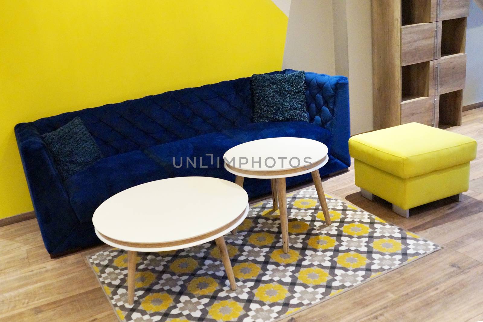 blue and yellow interior in retro style by Annado