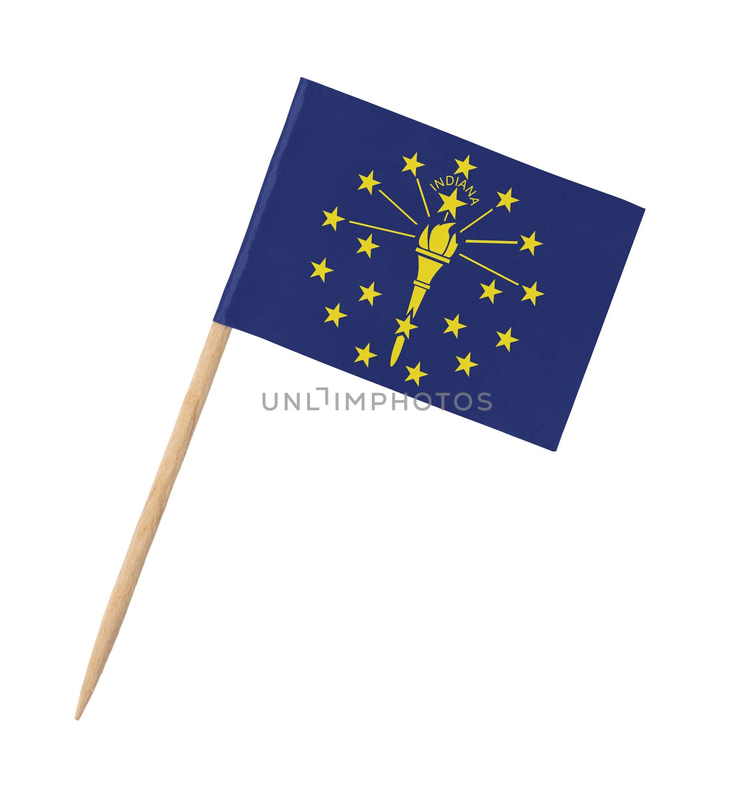 Small paper US-state flag on wooden stick - Indiana - Isolated on white