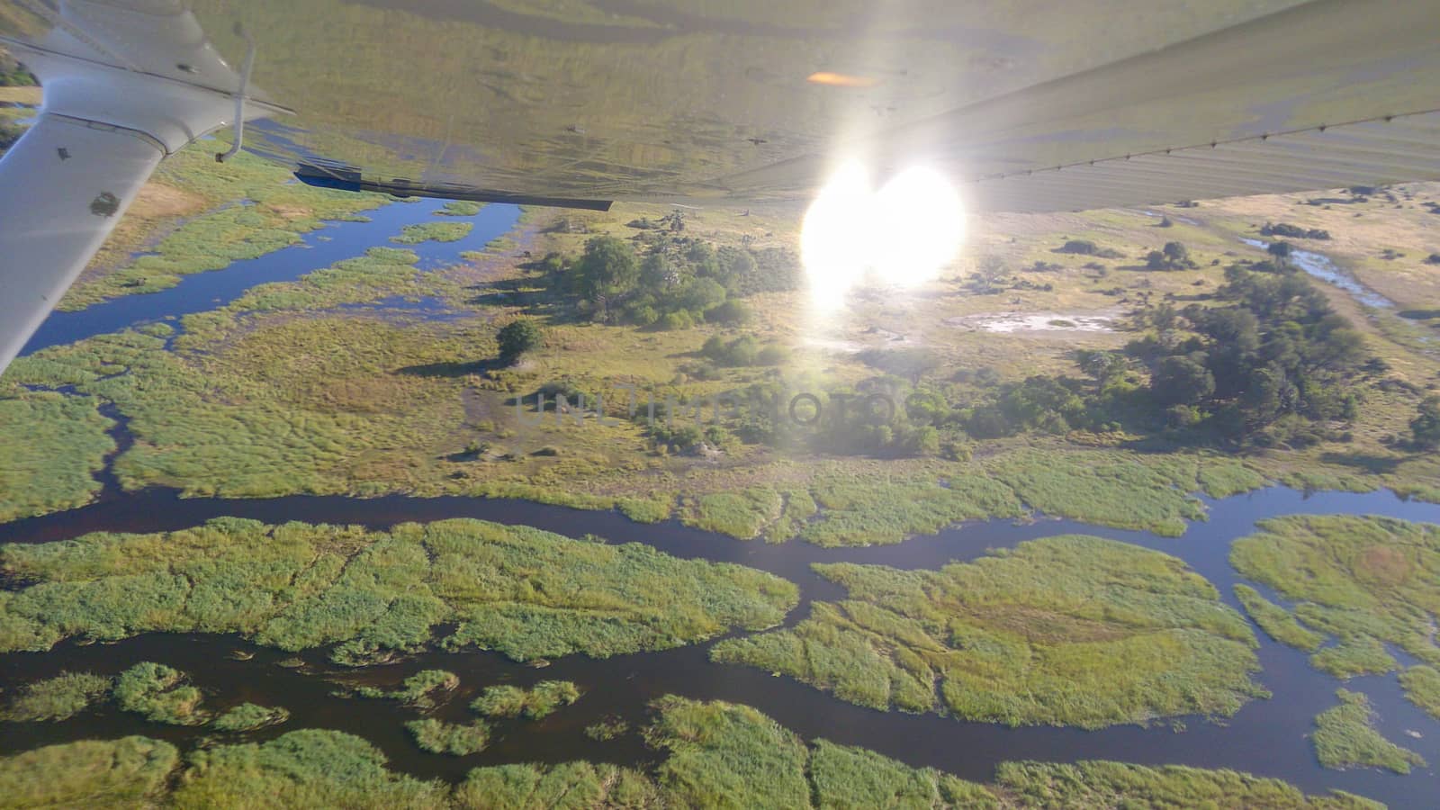 Aerial view at Moremi national park in Botswana, Africa, as seen from a small aircraft. Wing visible, bright sunshine on blue sky. Travel and Tourism