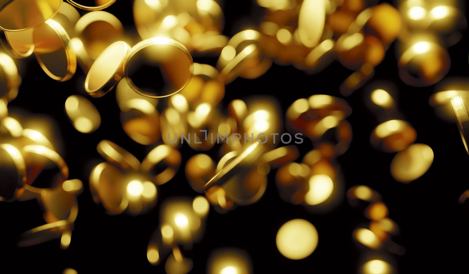 Gold coins falling on black background 3D render