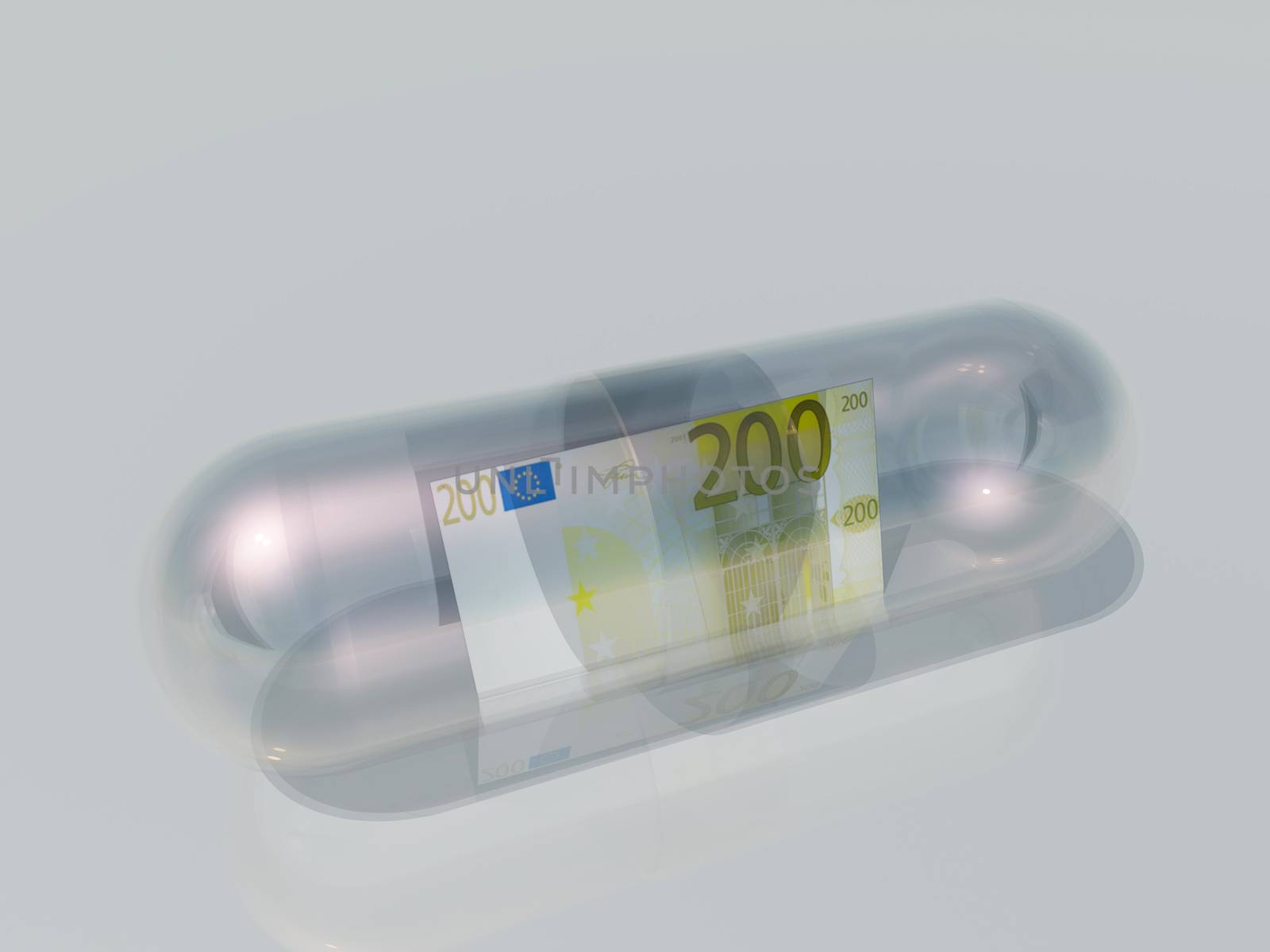 200 Euro Note in Medicine Capsule. 3D rendering