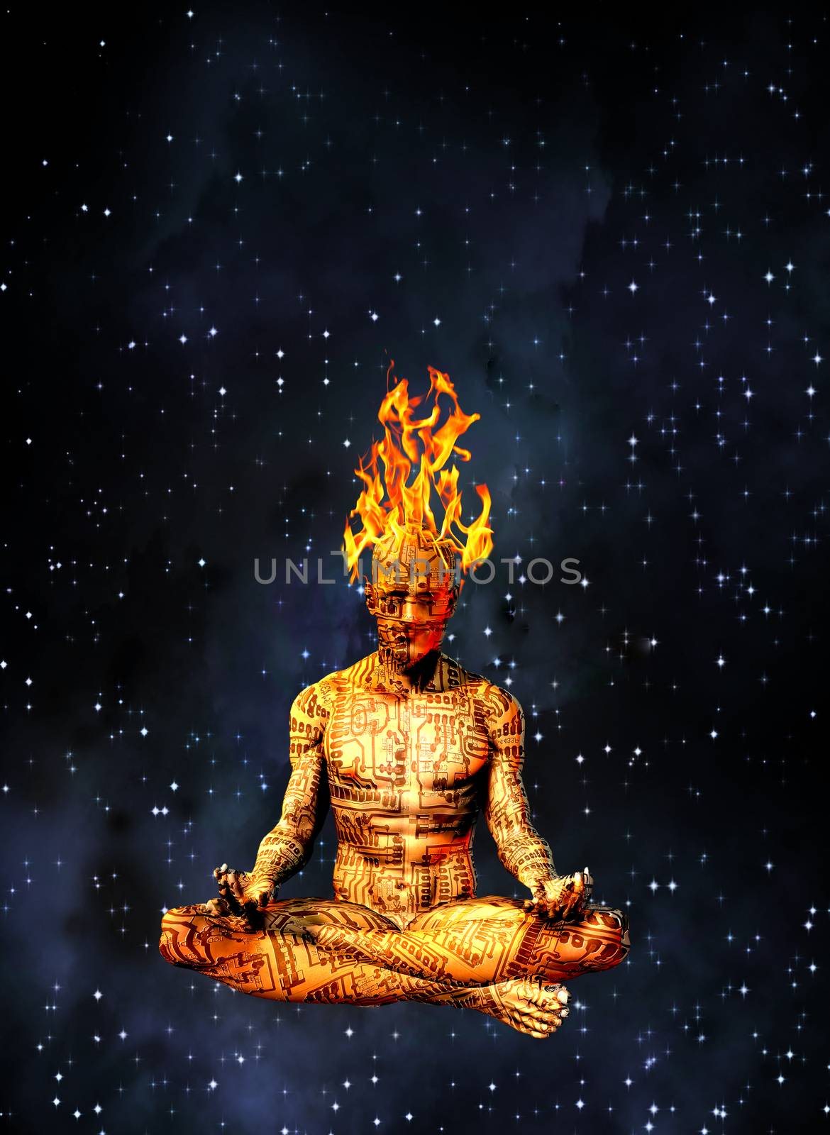 Driod meditation. Cyborg with burning head. 3D rendering