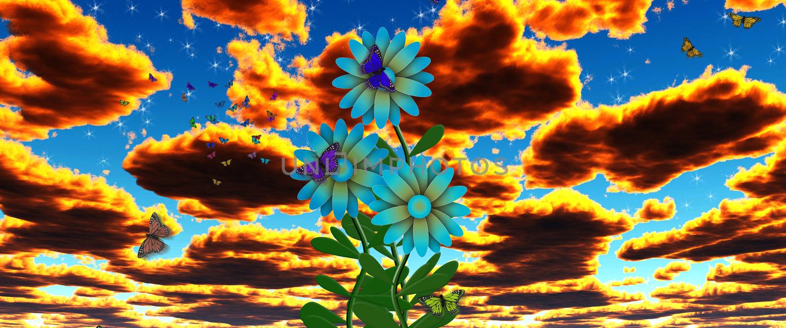 Butterflies on blue flowers. Surreal yellow clouds in the sky. 3D rendering