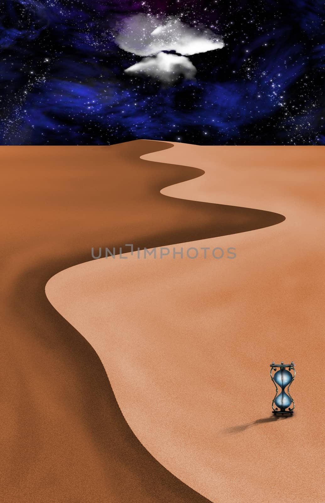 The sands of time. Hourglass in the desert. 3D rendering