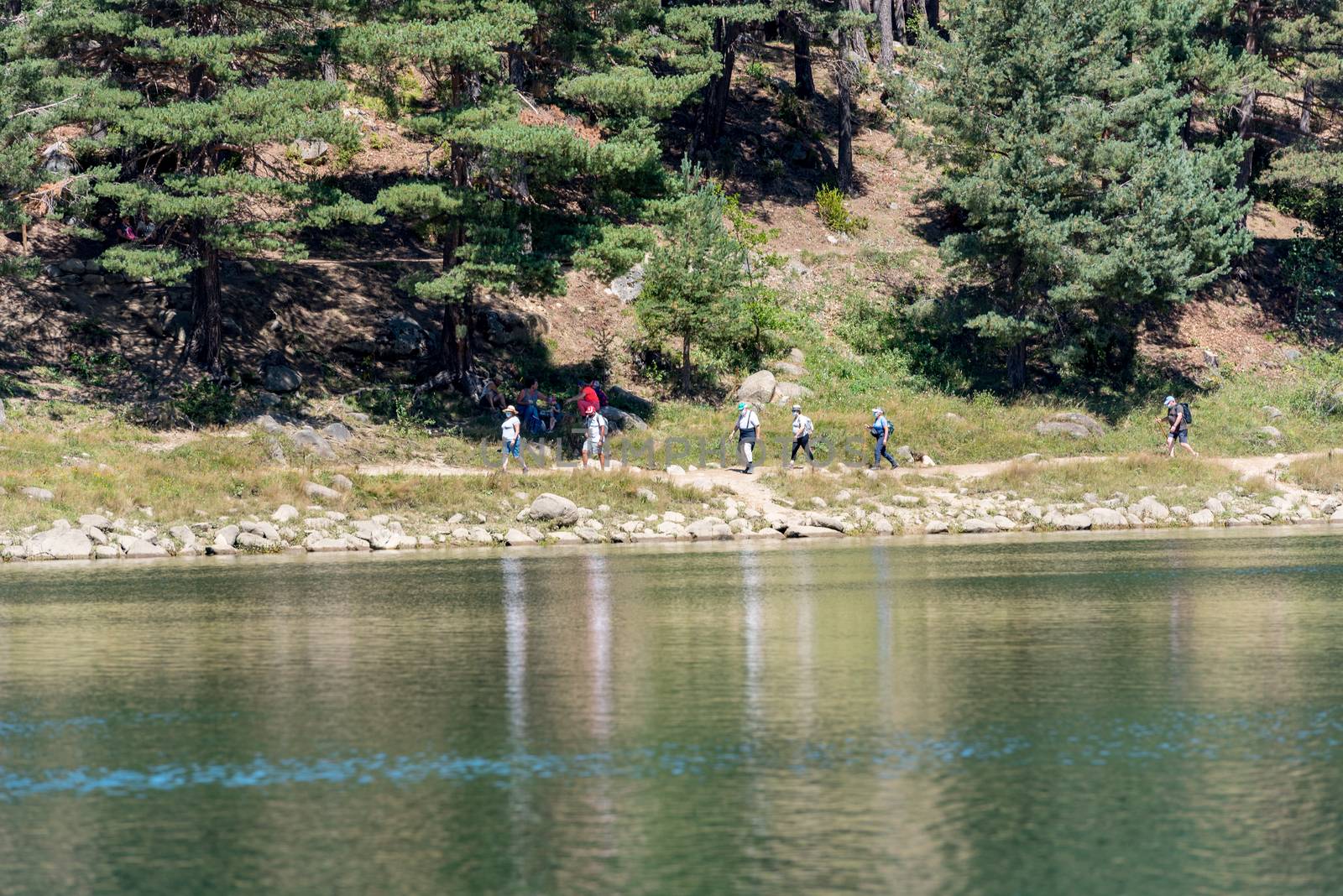 Escaldes Engodany, Andorra : 20 August 2020 : Tourists enjoying the Summer Afternoon at Lake Engolasters in the Pyrenees. Escaldes Engordany, Andorra in summer 2020