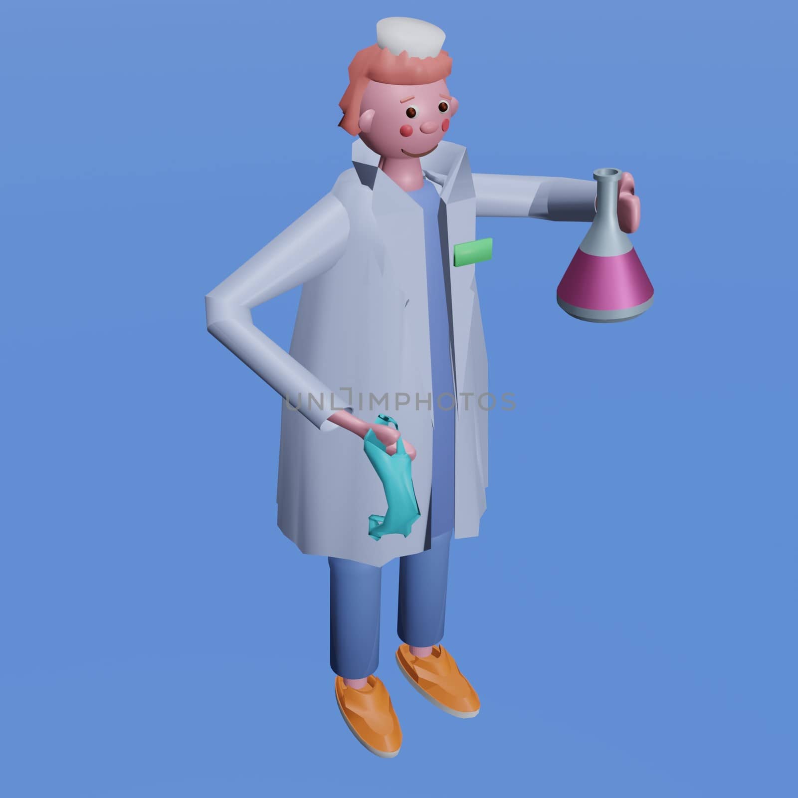 Medical scientist with a medical mask holding a glass test tube with liquid medicine or vaccine for the virus. 3D render illustration, volumetric image