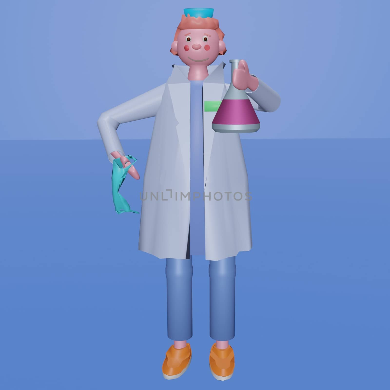 Medical scientist with a medical mask holding a glass test tube with liquid medicine or vaccine for the virus. 3D render illustration, volumetric image