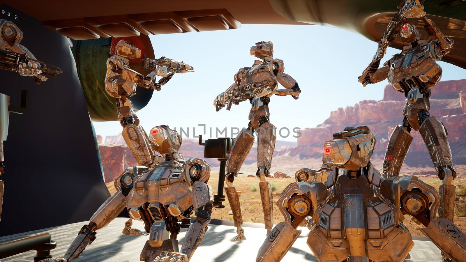 Military robots-androids arrived on a spaceship to an alien planet for its colonization. 3D Rendering. by designprojects