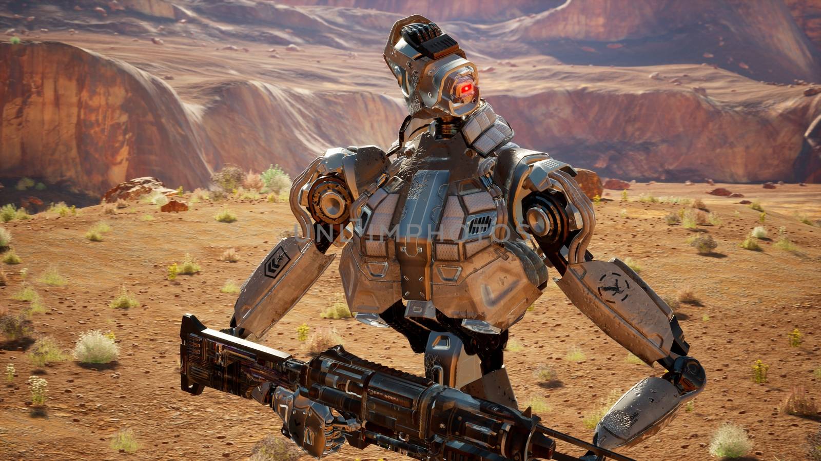 Military robot-android in the desert surveys the territory.