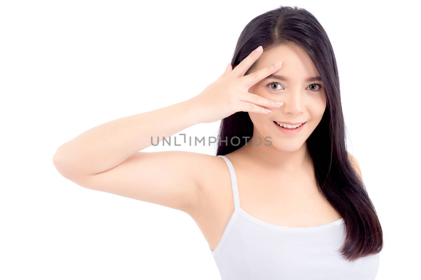 Beautiful girl with makeup, woman and skin care cosmetics concept / attractive beauty asian girl on face isolated on white background.