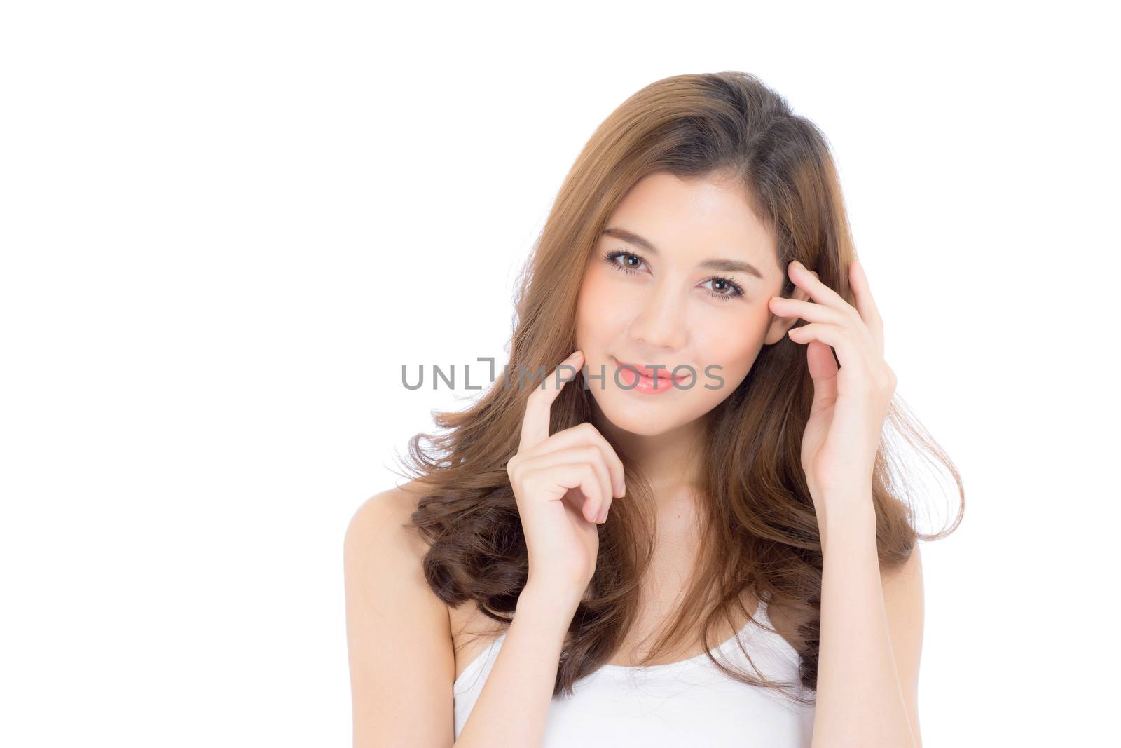 Beautiful girl with makeup, woman and skin care cosmetic concept / attractive beauty asian girl on face isolated on white background.