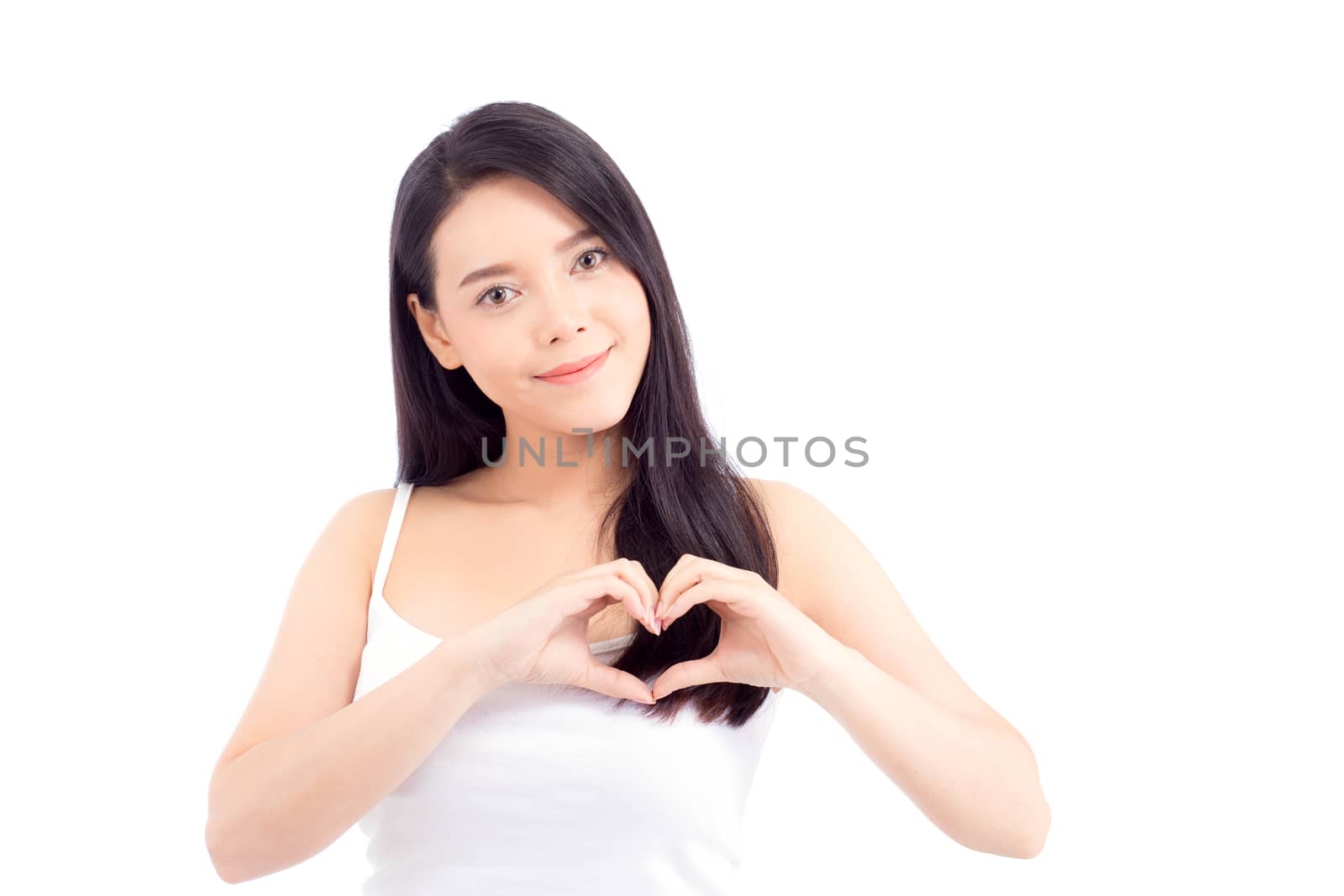 Beautiful asian woman show heart shape with hand, portrait girl model isolated on white background, healthcare concept.