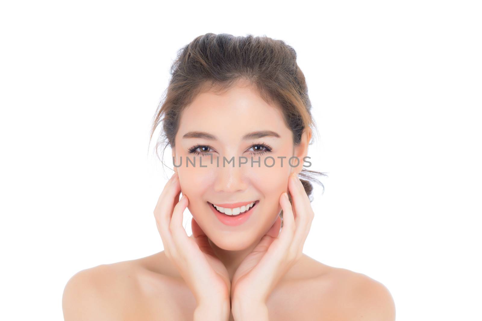 Beautiful girl with makeup, woman and skin care cosmetic concept / attractive beauty asian girl on face with hand touch cheek and smile isolated on white background.