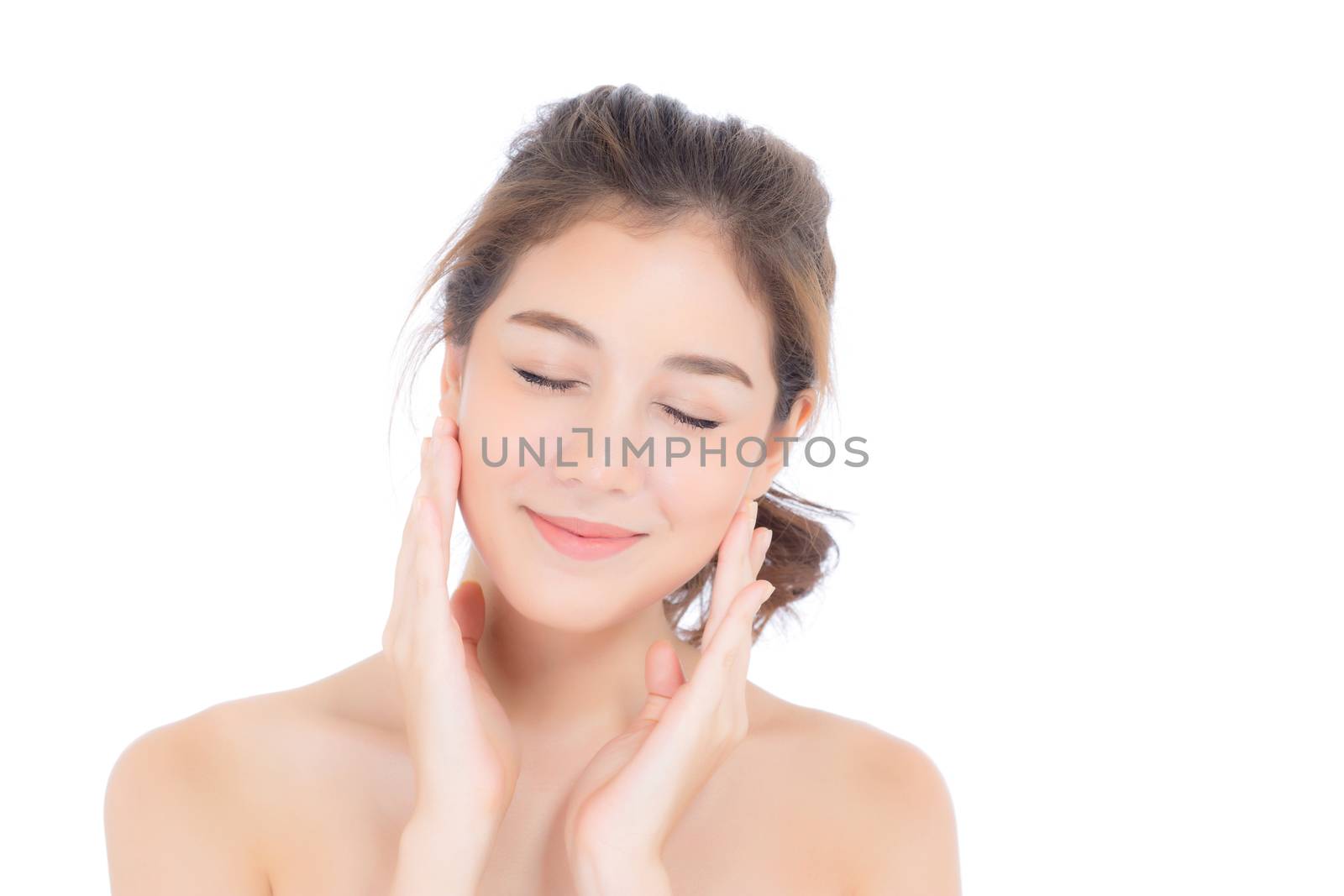 Beautiful girl with makeup, woman and skin care cosmetic concept / attractive beauty asian girl on face with hand touch cheek and smile isolated on white background.