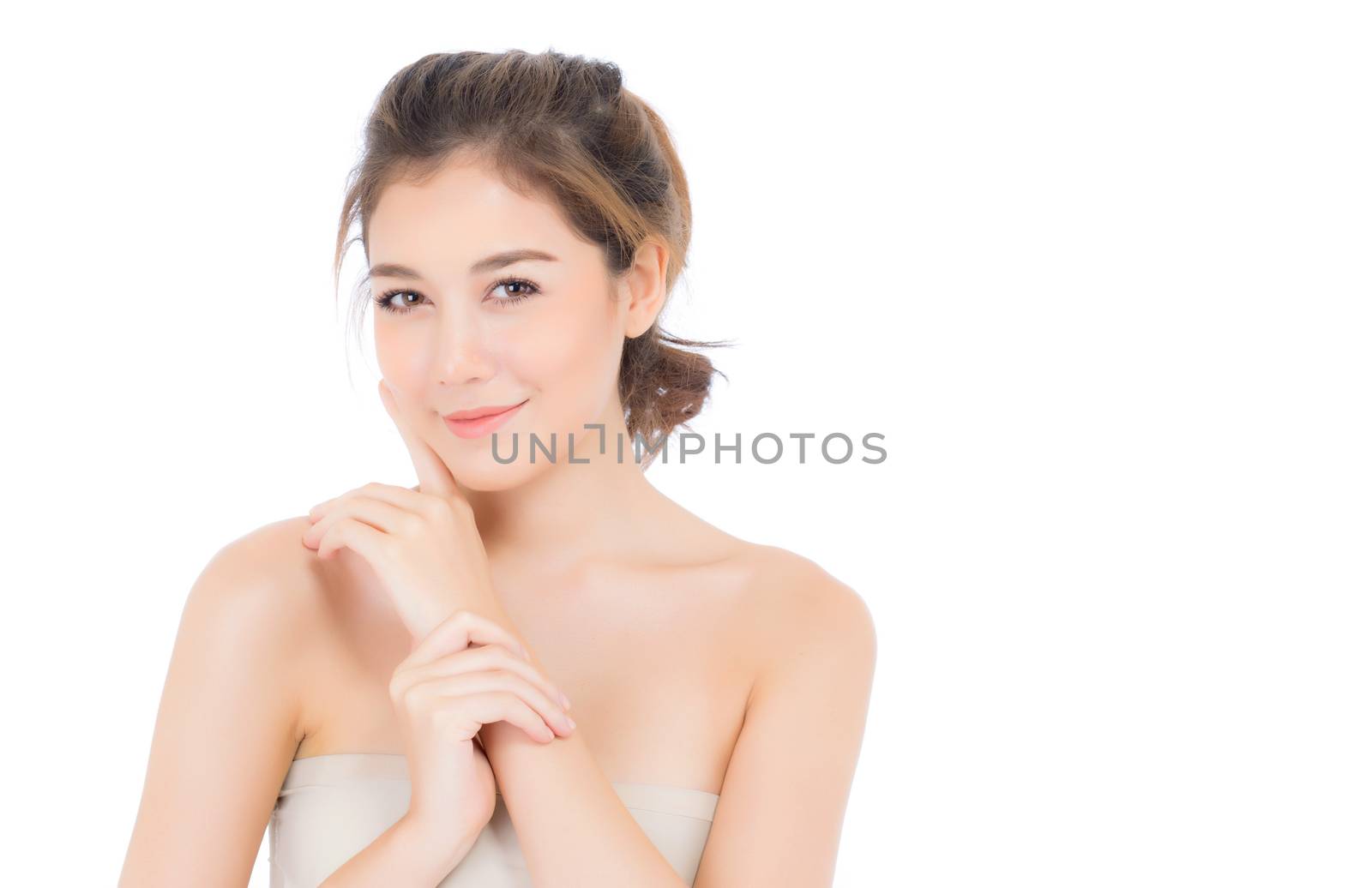 Beautiful girl with makeup, woman and skin care cosmetic concept / attractive beauty asian girl on face with hand touch cheek and smile isolated on white background.