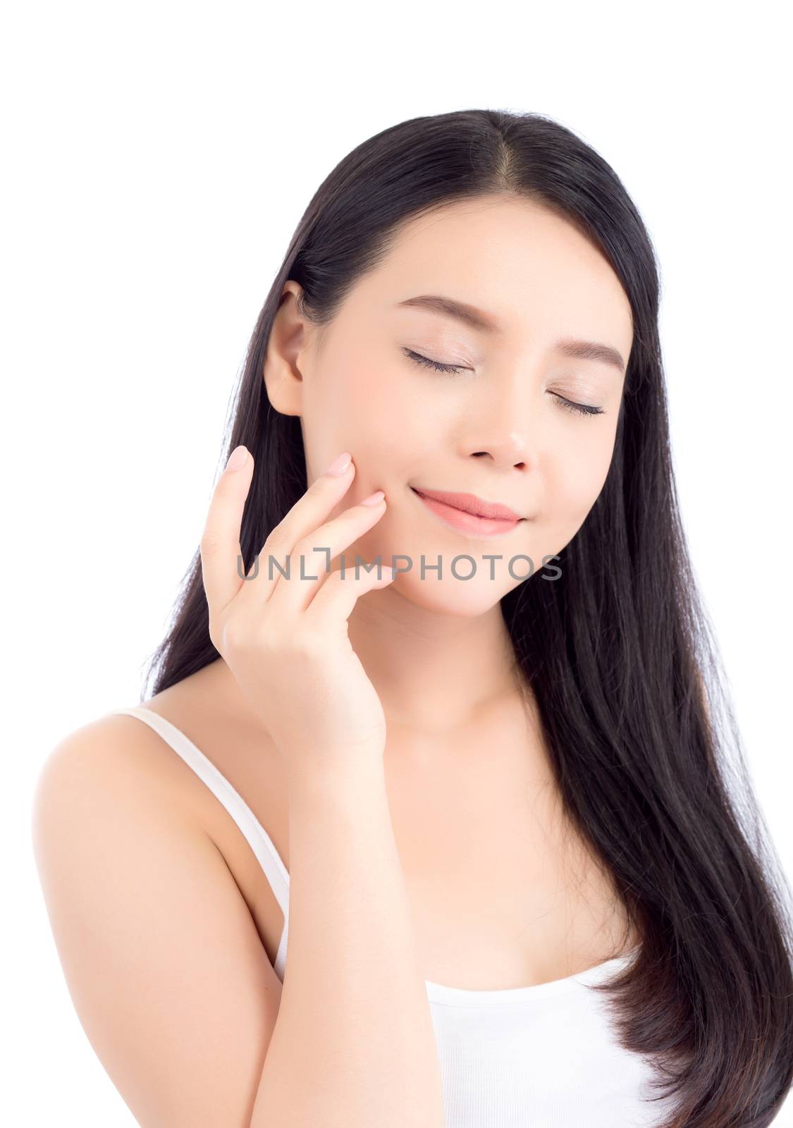Beautiful girl with makeup, woman and skin care cosmetic concept / attractive beauty asian girl on face with hand touch cheek and smile isolated on white background.