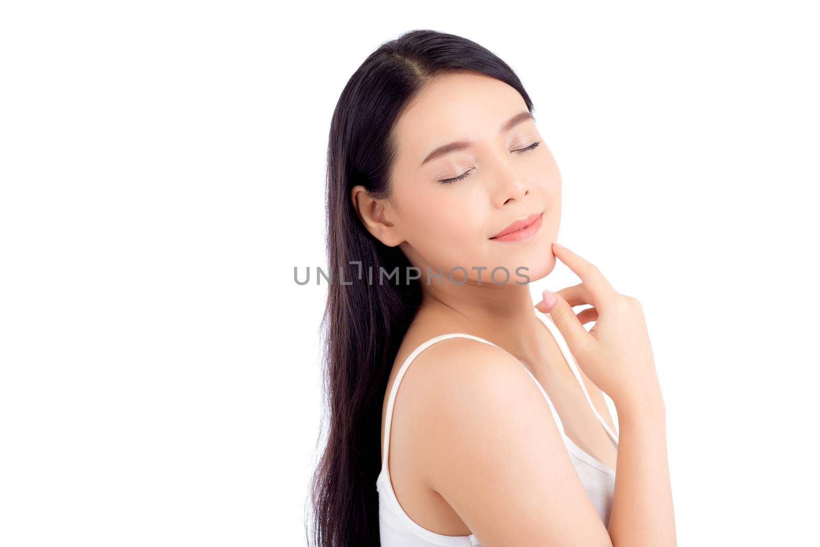 Beautiful girl with makeup, woman and skin care cosmetic concept / attractive beauty asian girl on face with hand touch cheek and smile isolated on white background.