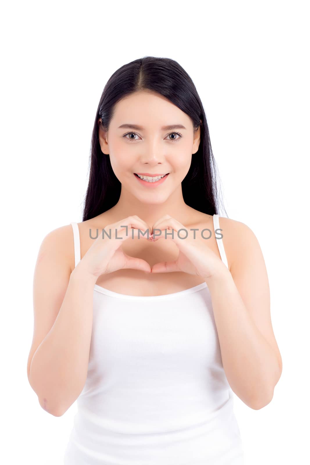 Beautiful asian woman show heart shape with hand, portrait girl  by nnudoo