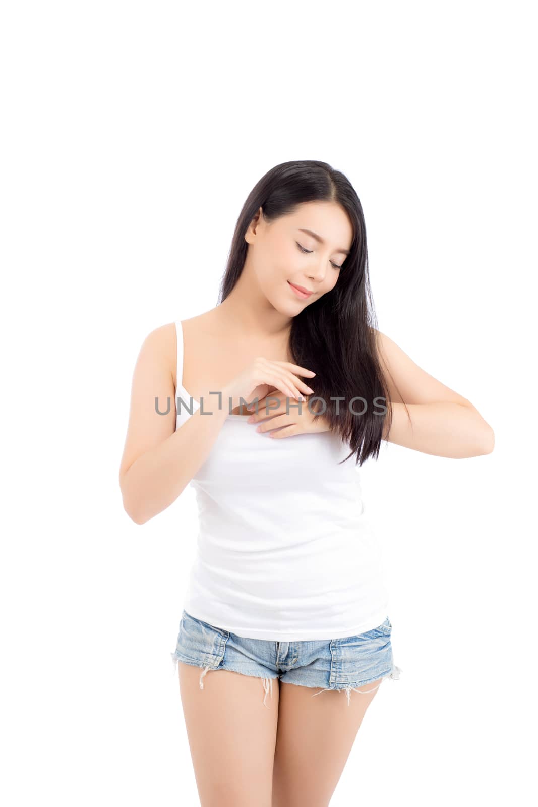 Beautiful asian young woman smiling and touch hair, beauty of girl asia, isolated on white background.