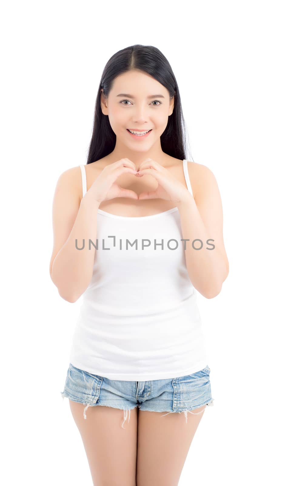 Beautiful asian woman show heart shape with hand, portrait girl model isolated on white background, beauty healthcare concept.