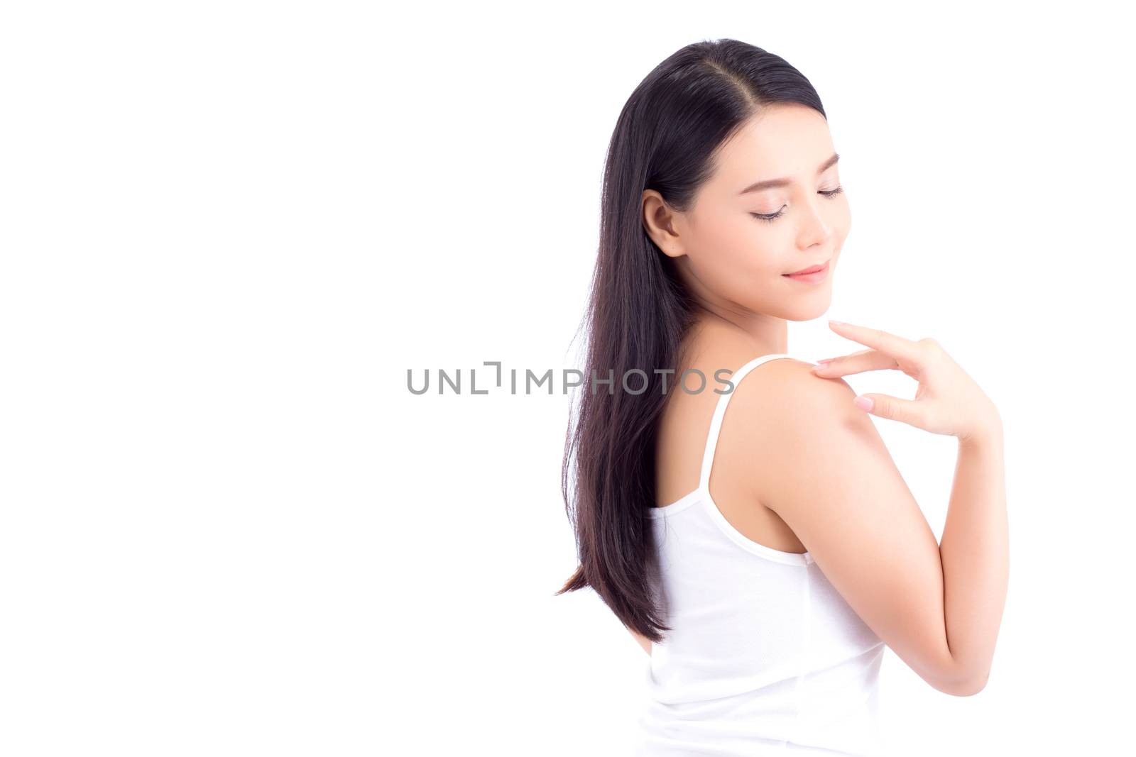 Beautiful girl with makeup, woman portrait and skin care cosmetic concept / attractive beauty asian girl on face isolated on white background.