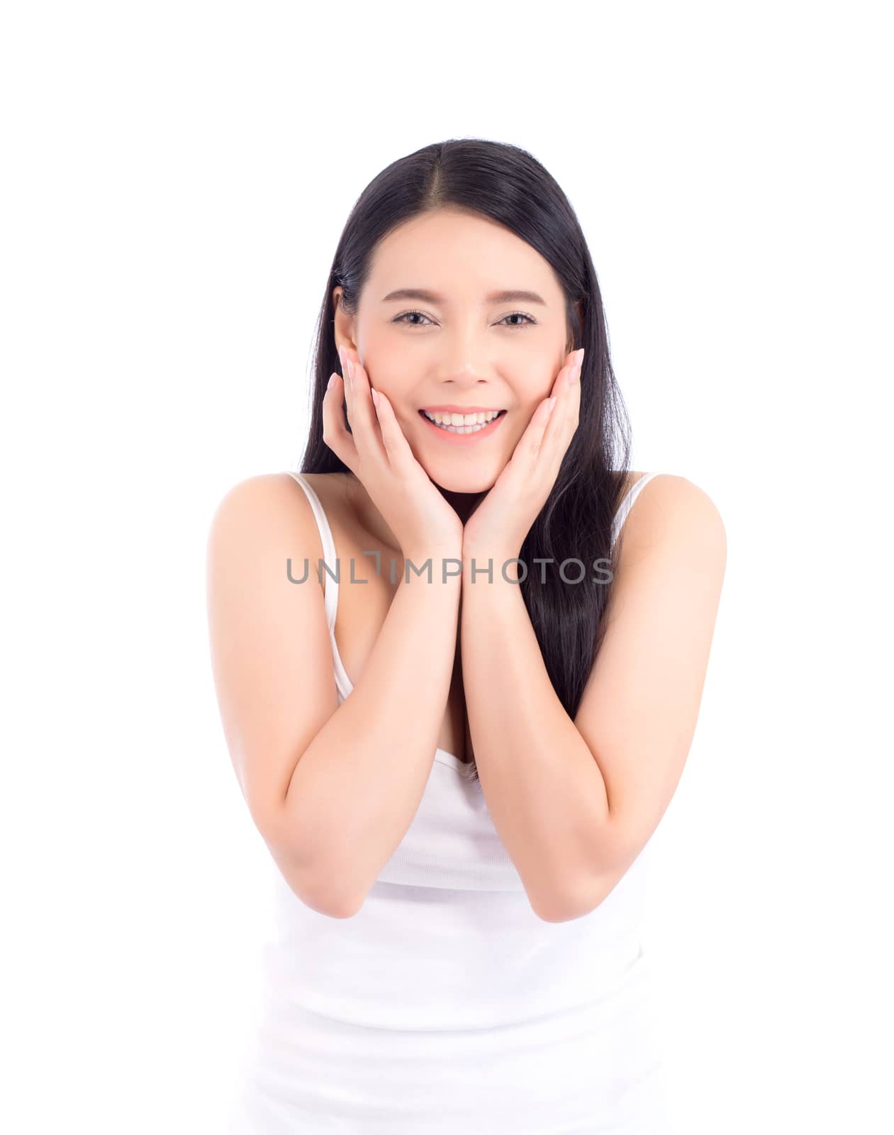 Beautiful girl with makeup, woman and skin care cosmetic concept / attractive beauty asian girl on face with hand touch cheek and smile isolated on white background.